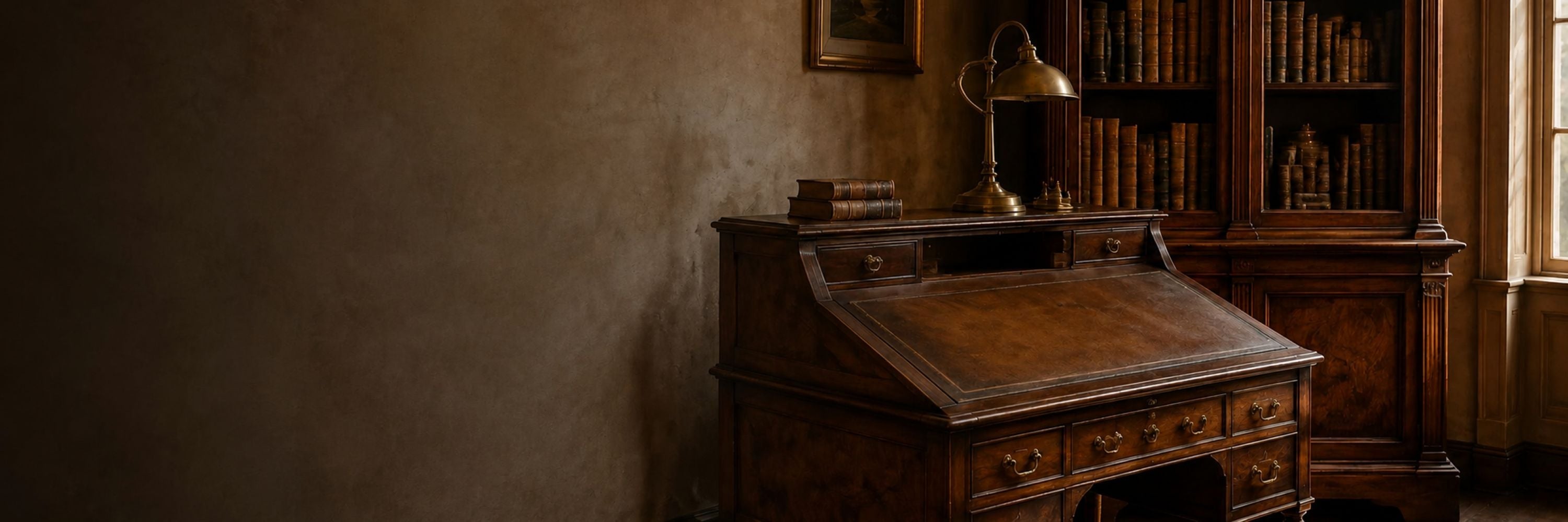 Antique wooden writing desk with brass hardware and a traditional bookcase filled with leather-bound books.