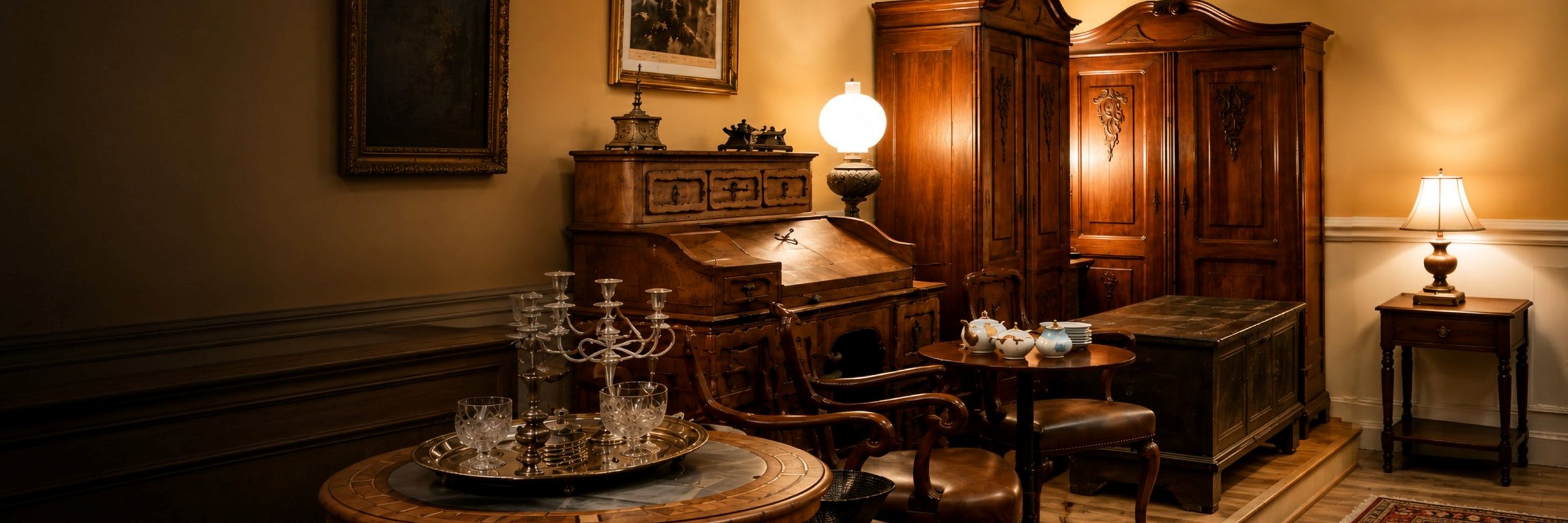 Elegant antique furniture showroom featuring a bureau desk, carved armchairs, walnut wardrobes, blanket chest, and occasional table in a sunlit interior setting.