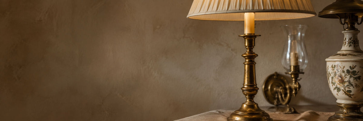Antique brass table lamp, porcelain lamp and glass hurricane light arranged against a warm neutral backdrop.
