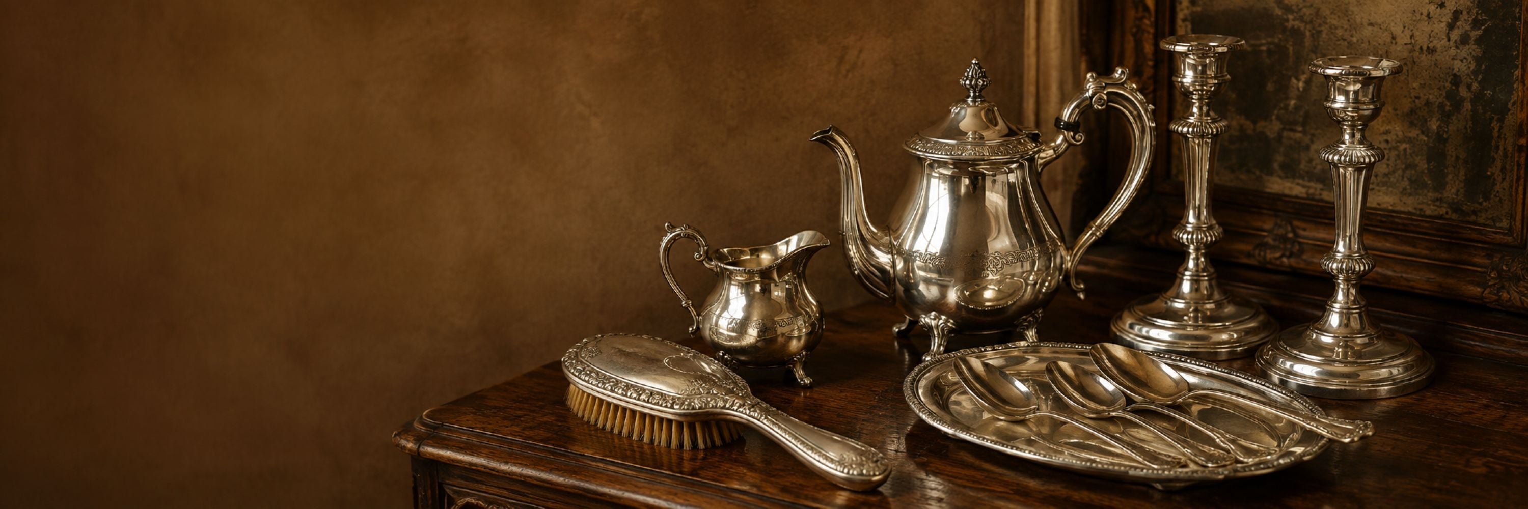Antique silver tea set, candlesticks, serving spoons, tray and silver-backed brush displayed on a wooden sideboard.