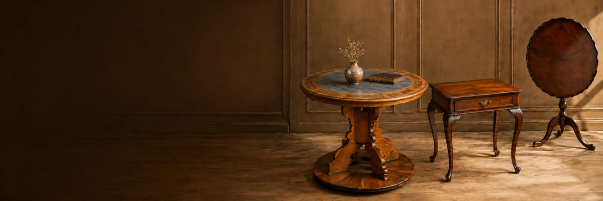 Antique inlaid round pedestal table displayed with a Queen Anne side table and Georgian tilt-top table.