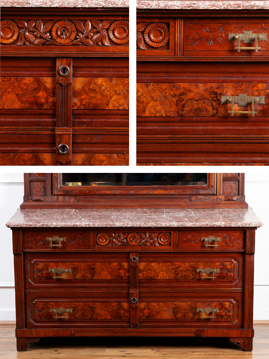 Herts Brothers Aesthetic Movement Burled Walnut & Marble Top Dresser, c.1880