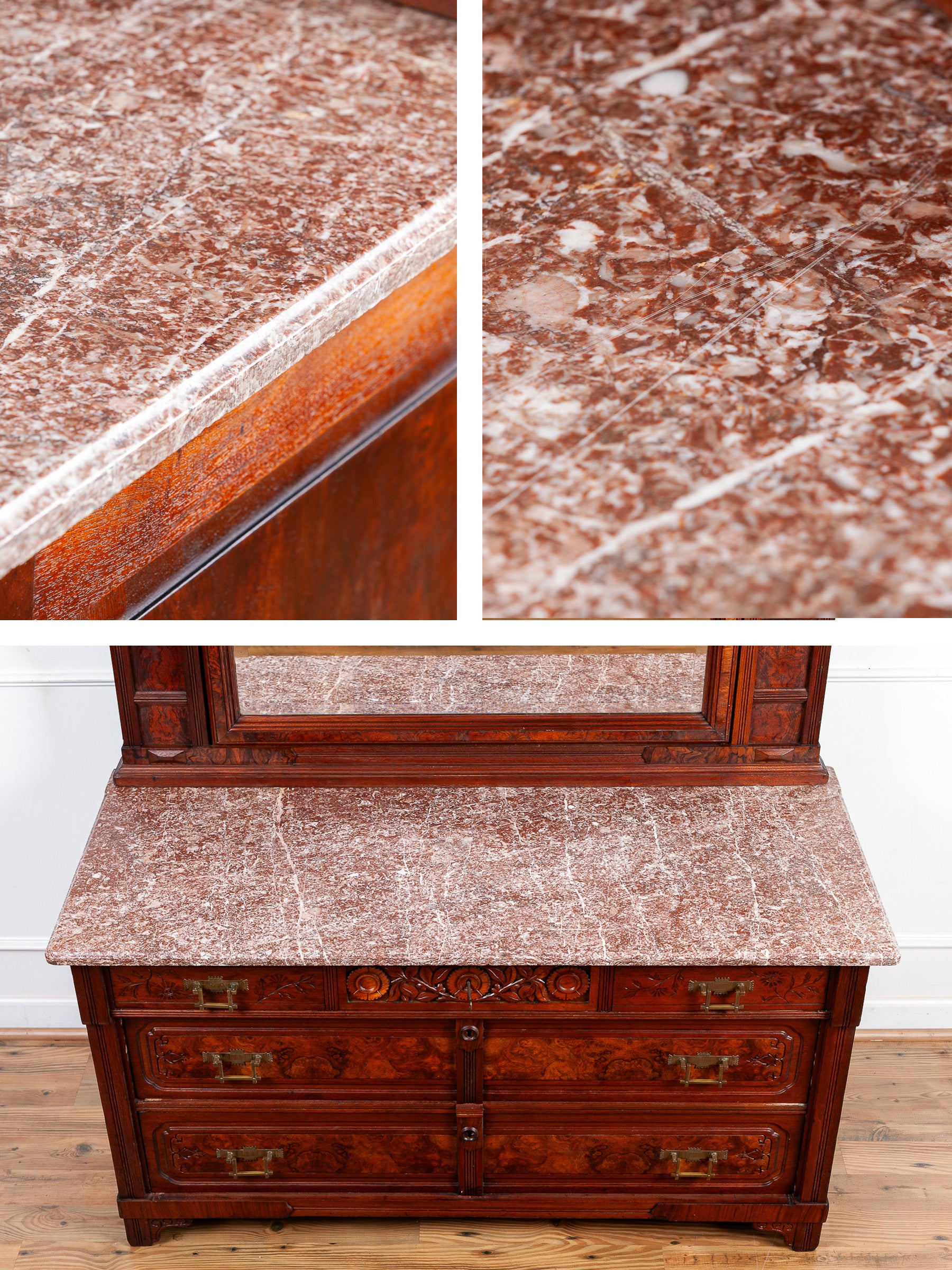 Herts Brothers Aesthetic Movement Burled Walnut & Marble Top Dresser, c.1880