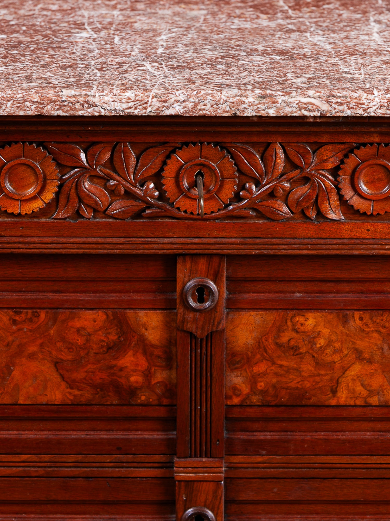 Herts Brothers Aesthetic Movement Burled Walnut & Marble Top Dresser, c.1880