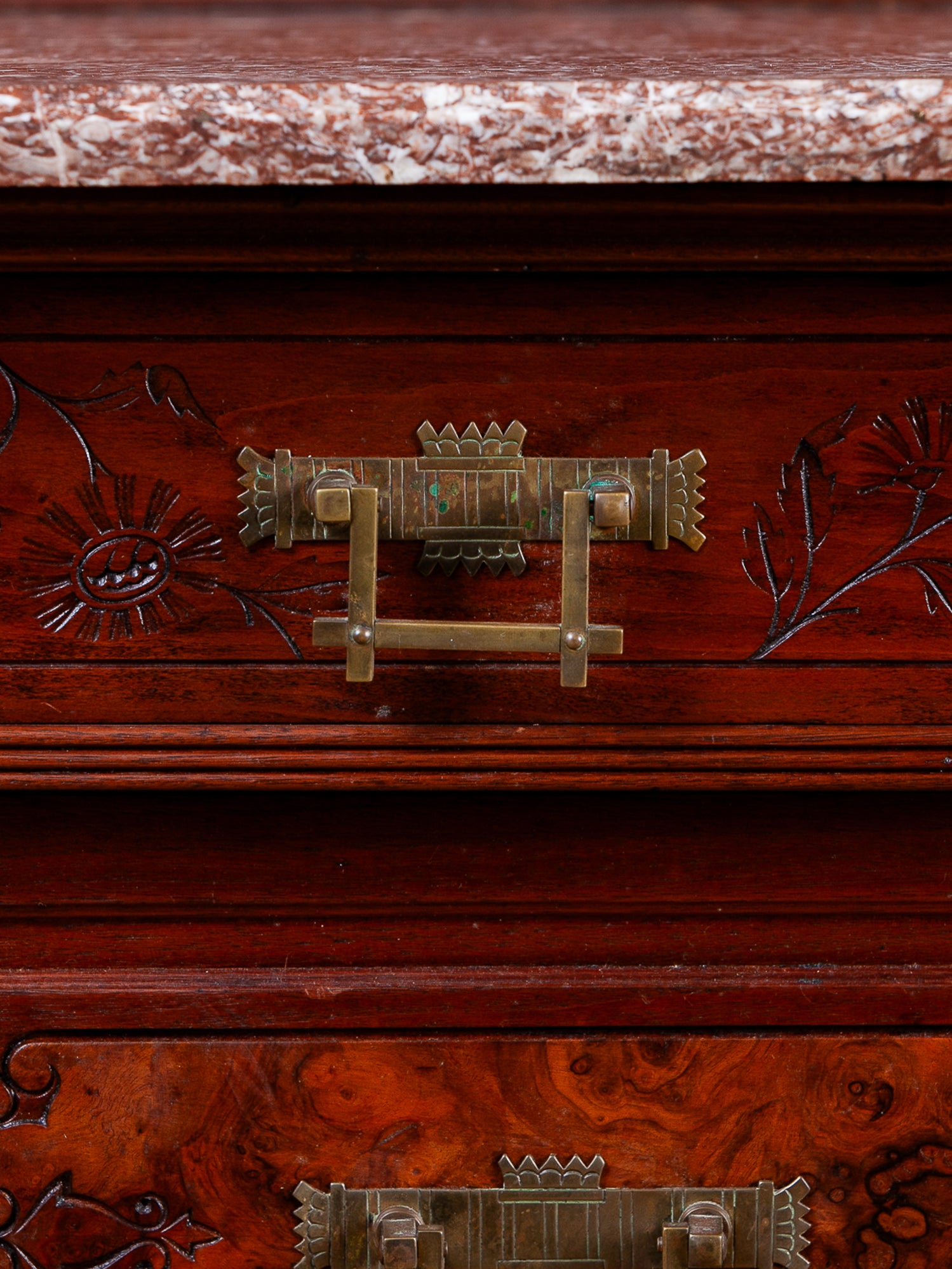 Herts Brothers Aesthetic Movement Burled Walnut & Marble Top Dresser, c.1880