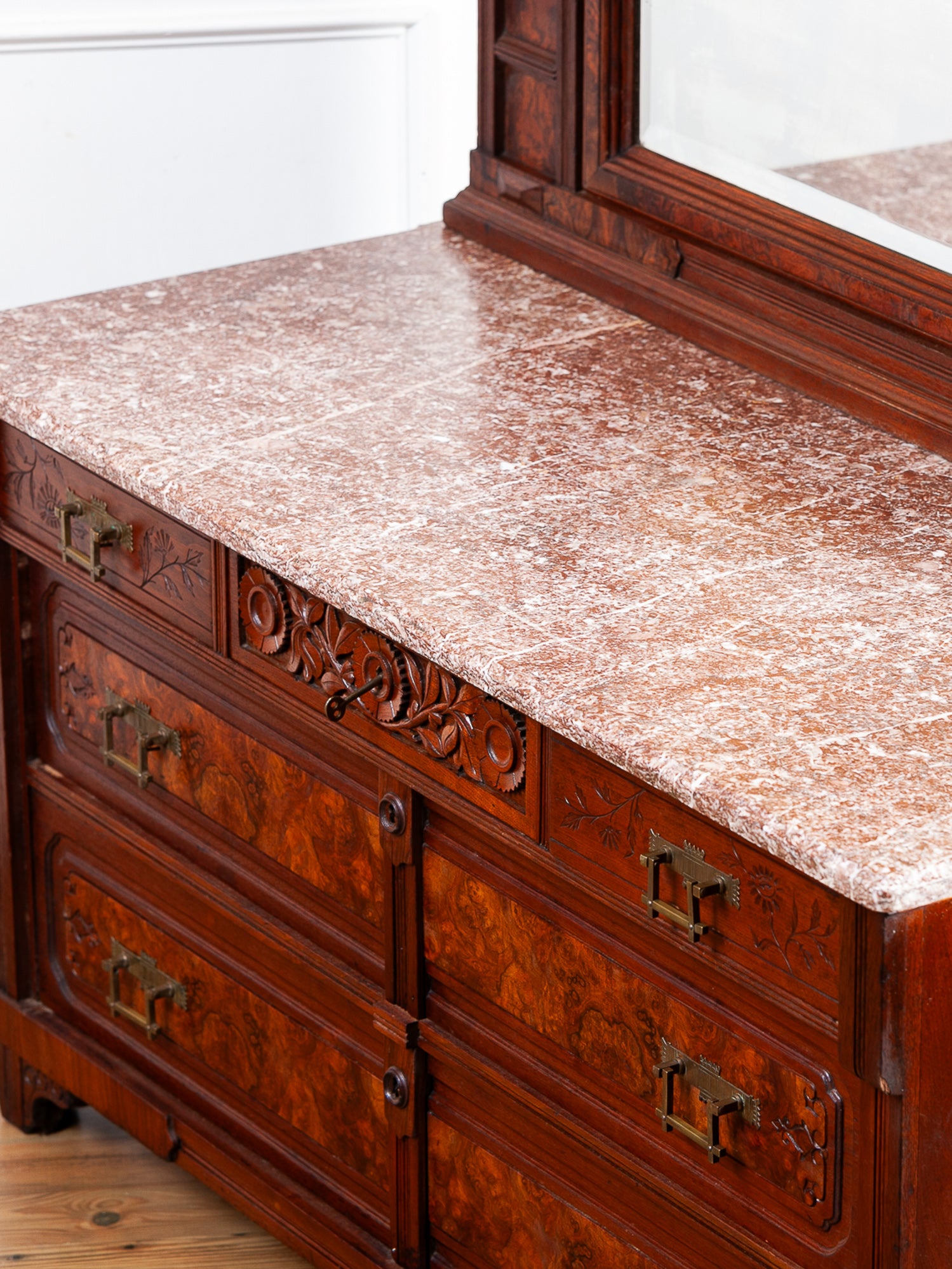 Herts Brothers Aesthetic Movement Burled Walnut & Marble Top Dresser, c.1880
