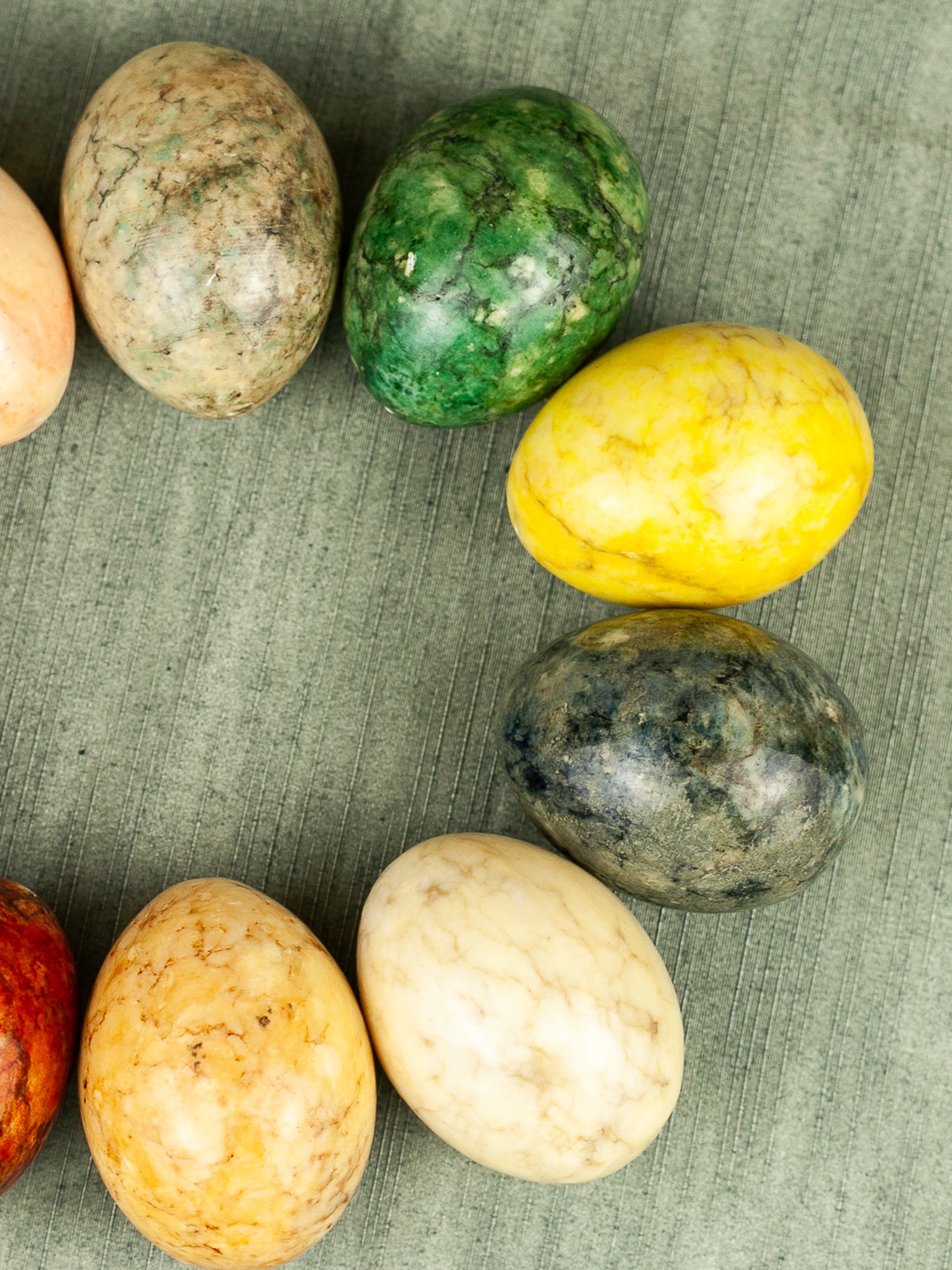 Vintage Mid Century Italian Alabaster Carved Eggs with Marble Finish, Set of 10.
