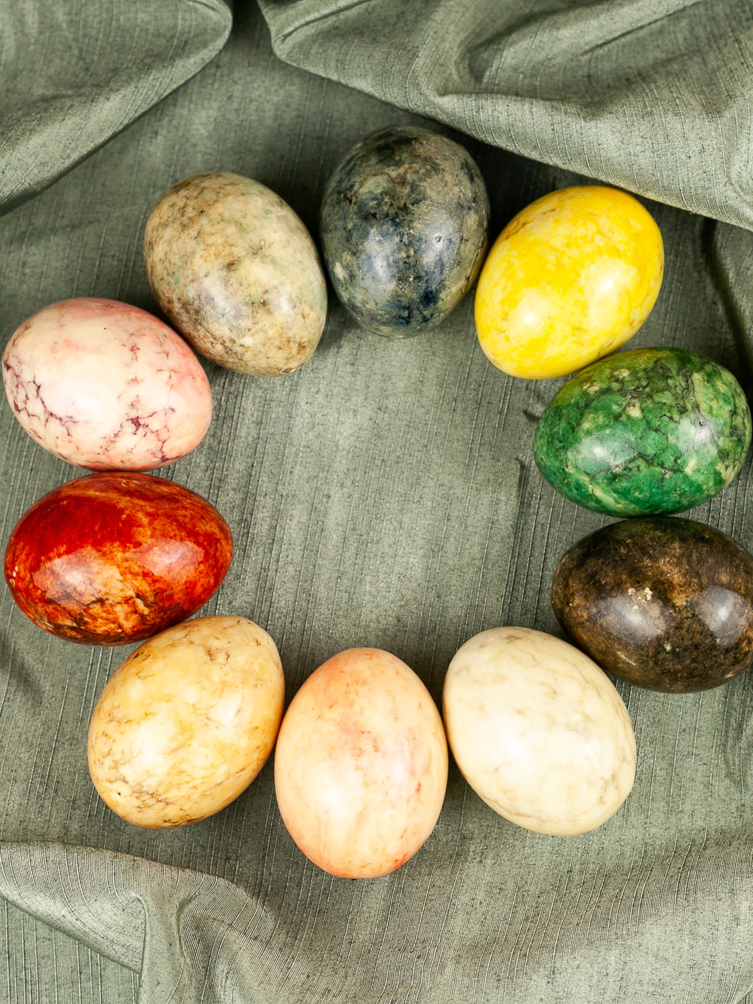 Vintage Mid Century Italian Alabaster Carved Eggs with Marble Finish, Set of 10.