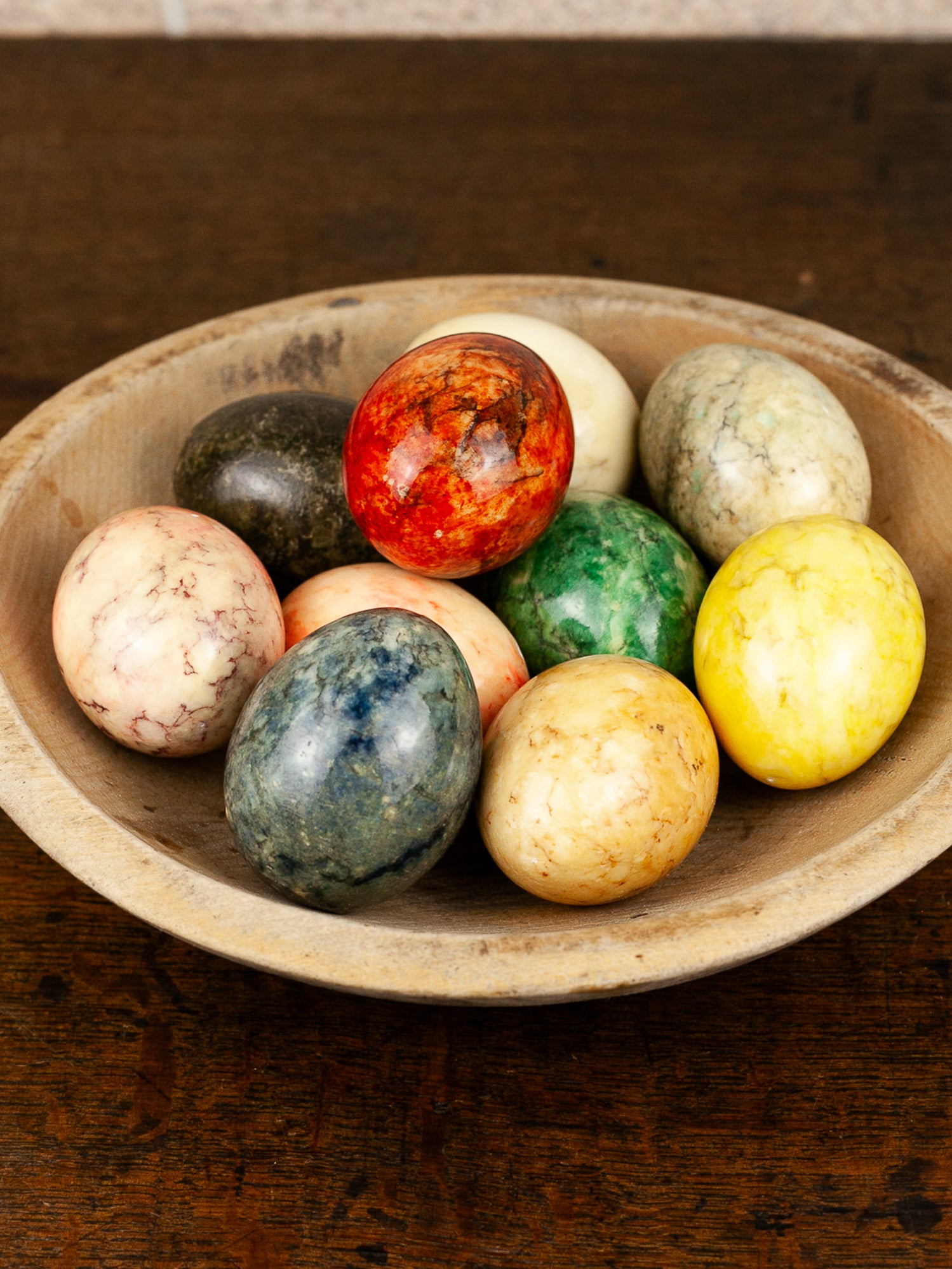 Vintage Mid Century Italian Alabaster Carved Eggs with Marble Finish, Set of 10.
