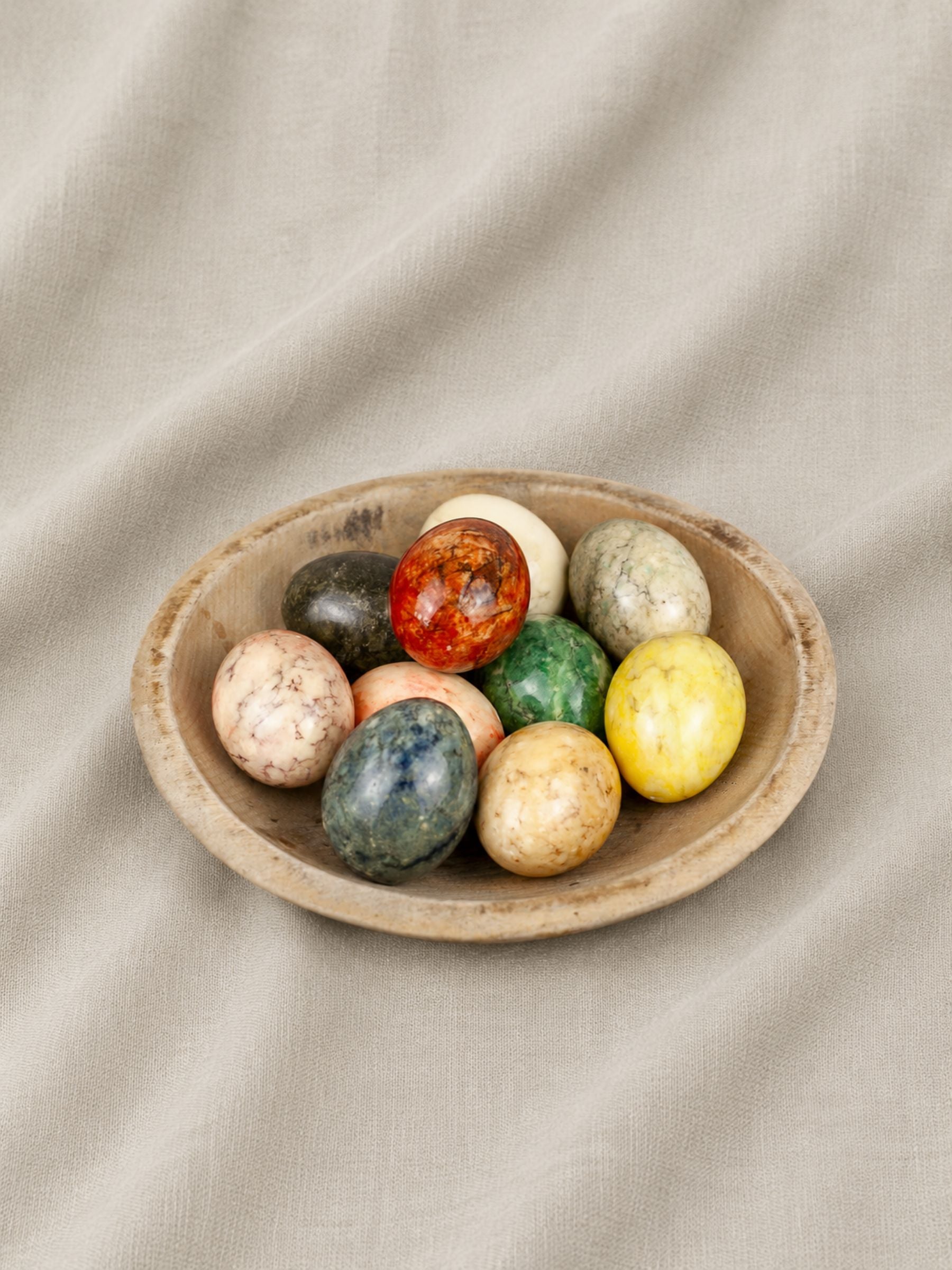 Vintage Mid Century Italian Alabaster Carved Eggs with Marble Finish, Set of 10.