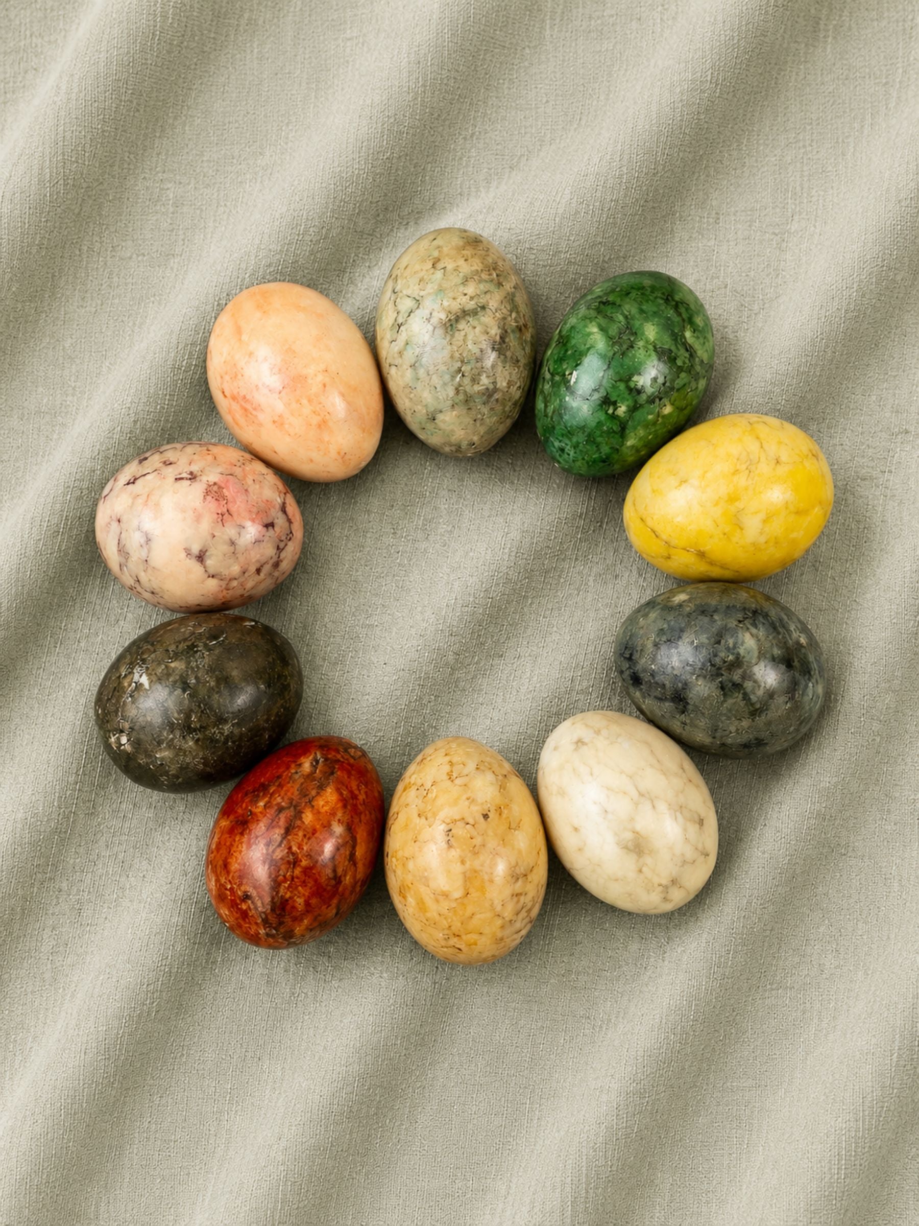 Vintage Mid Century Italian Alabaster Carved Eggs with Marble Finish, Set of 10.