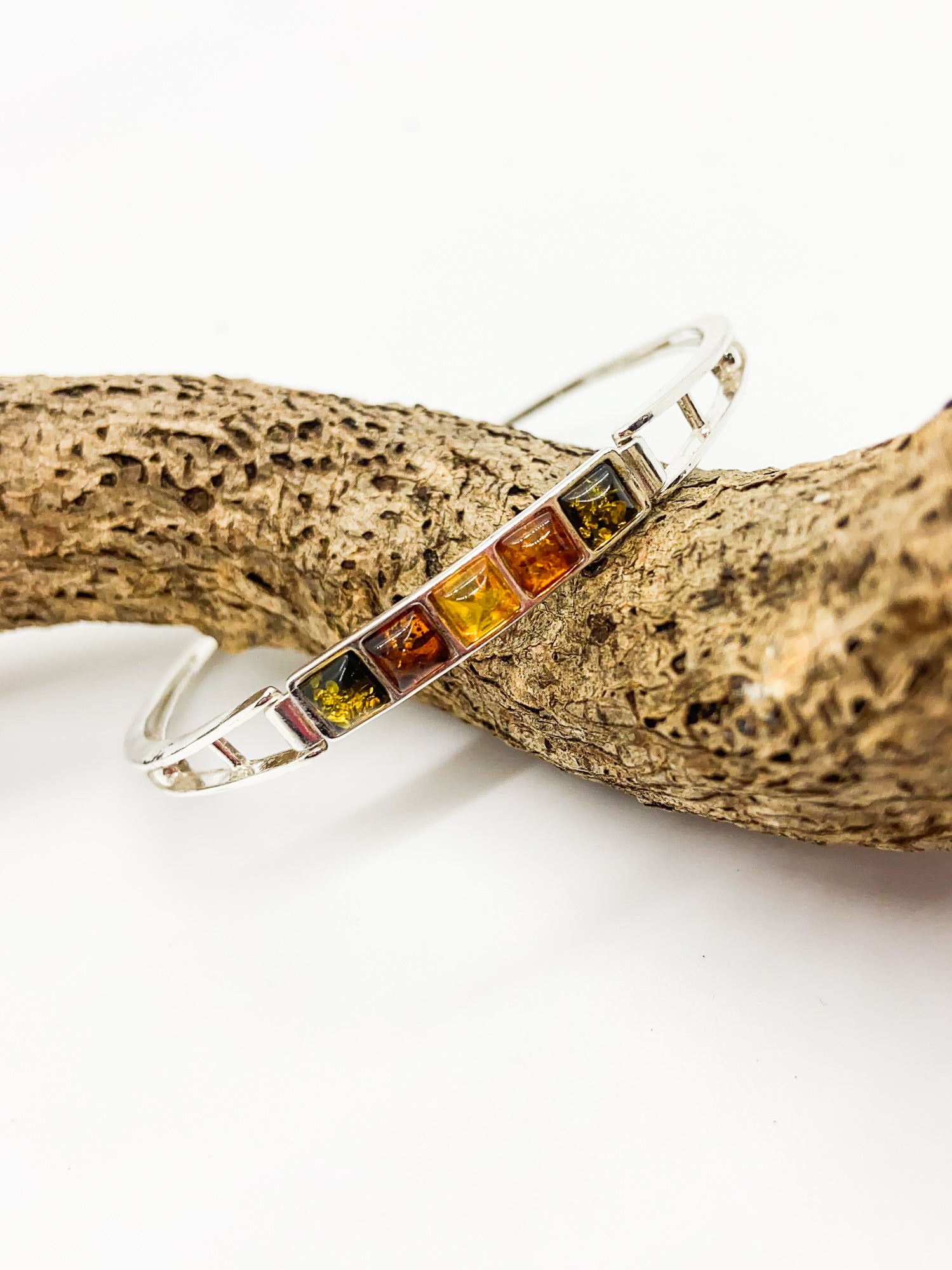 Vintage Multi-Color Baltic Amber Five-Stone Bangle in Sterling Silver