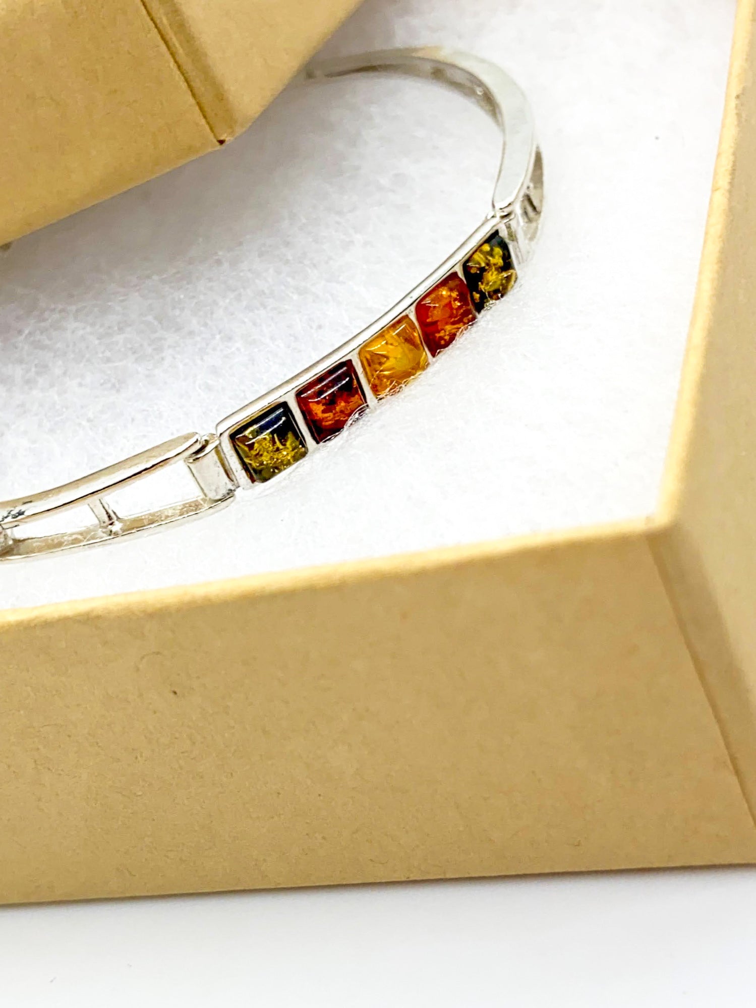 Vintage Multi-Color Baltic Amber Five-Stone Bangle in Sterling Silver
