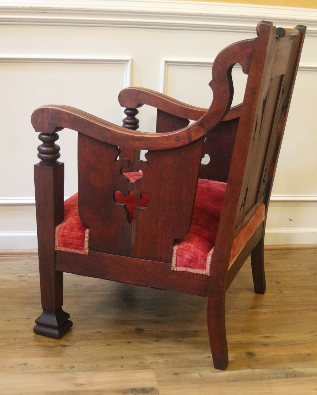 19th Century American Empire Carved Dragon Armchair with Original Red Velvet Upholstery