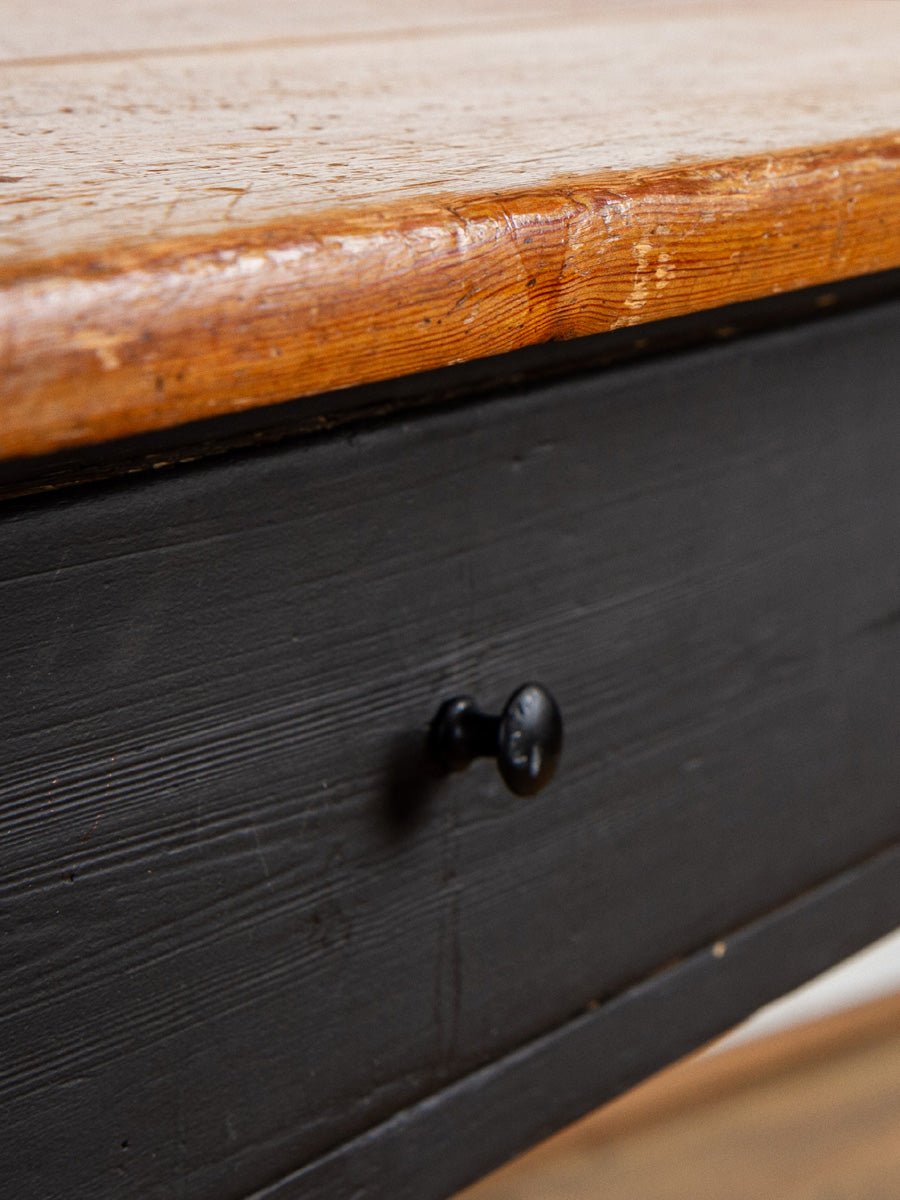 Antique Rustic Pine Dining or Work Table With Black Painted Base.