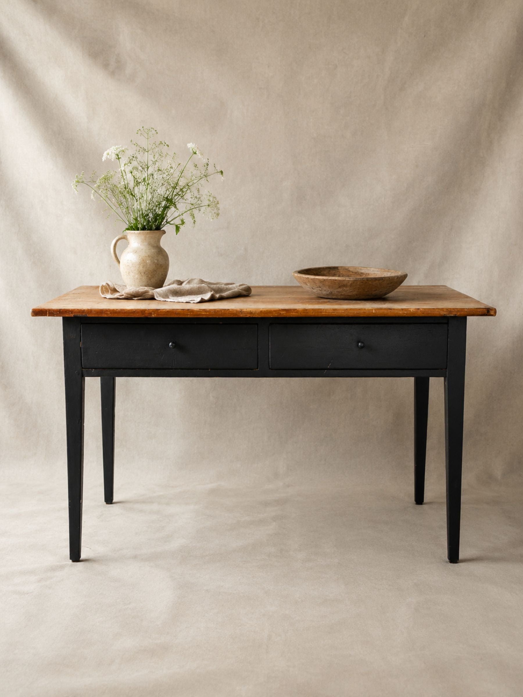 Antique Rustic Pine Dining or Work Table With Black Painted Base.