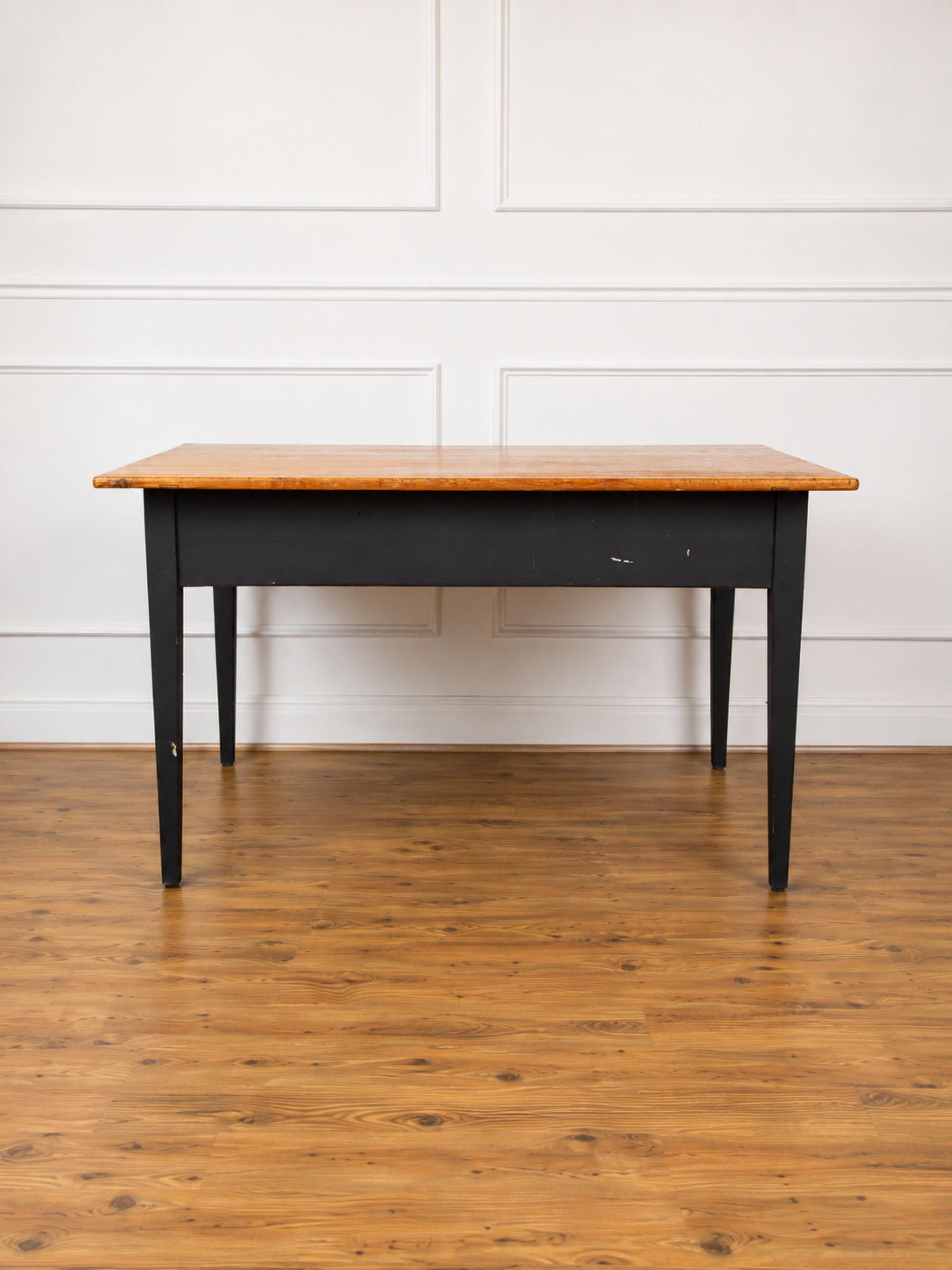 Antique Rustic Pine Dining or Work Table With Black Painted Base.