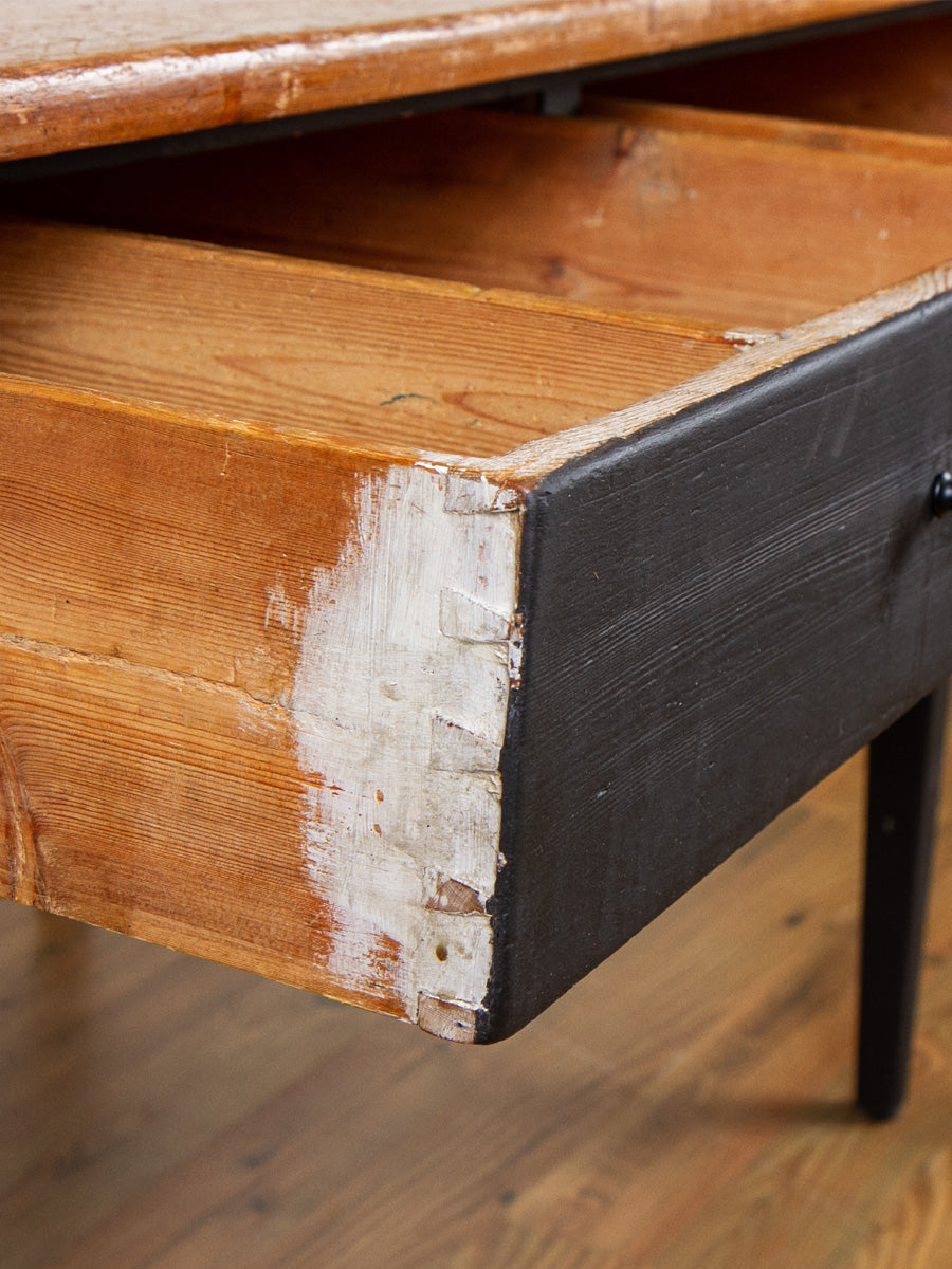 Antique Rustic Pine Dining or Work Table With Black Painted Base.