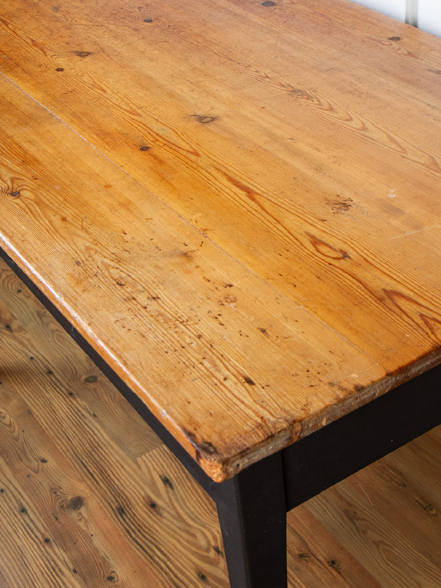 Antique Rustic Pine Dining or Work Table With Black Painted Base.