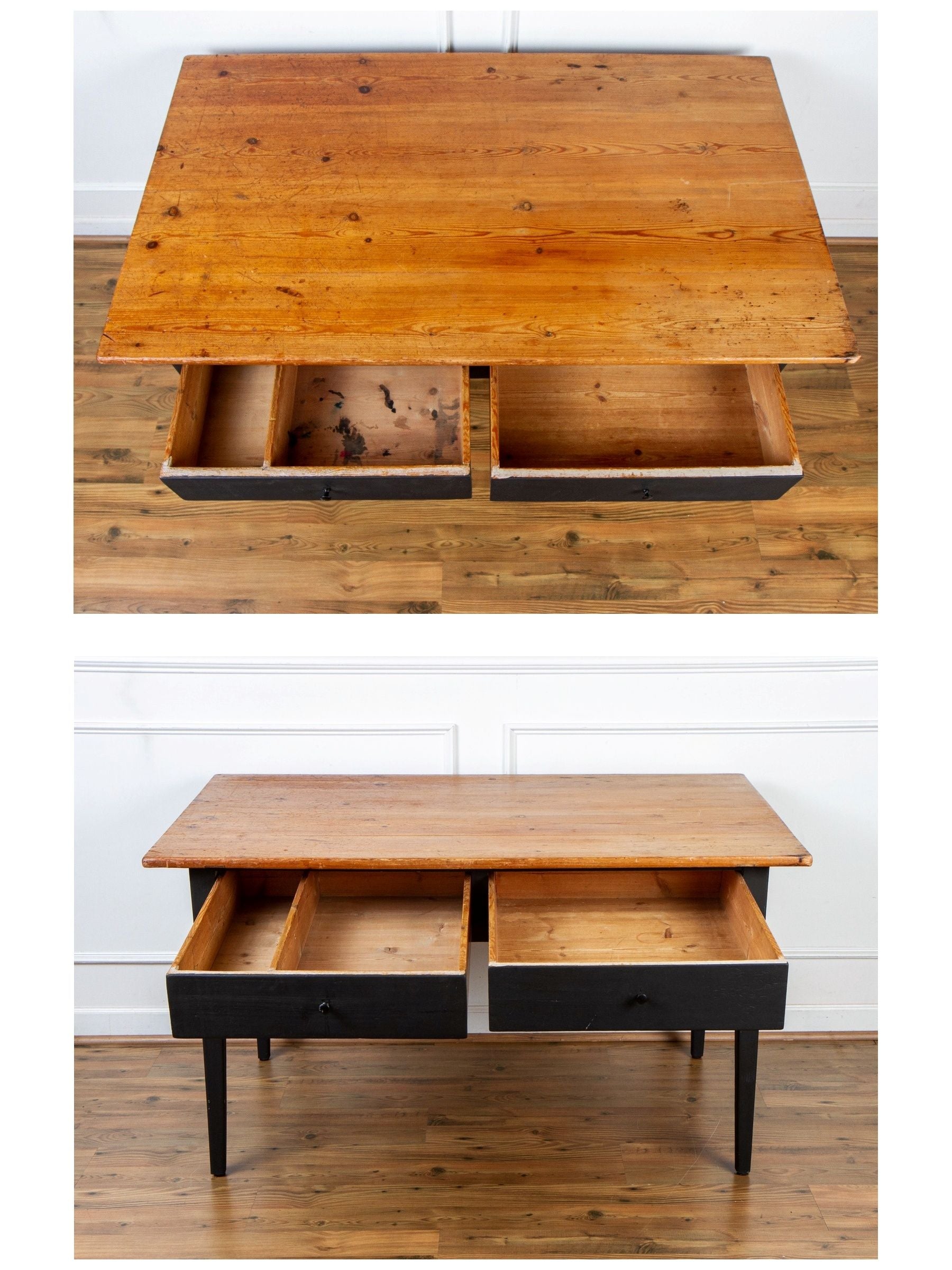 Antique Rustic Pine Dining or Work Table With Black Painted Base.