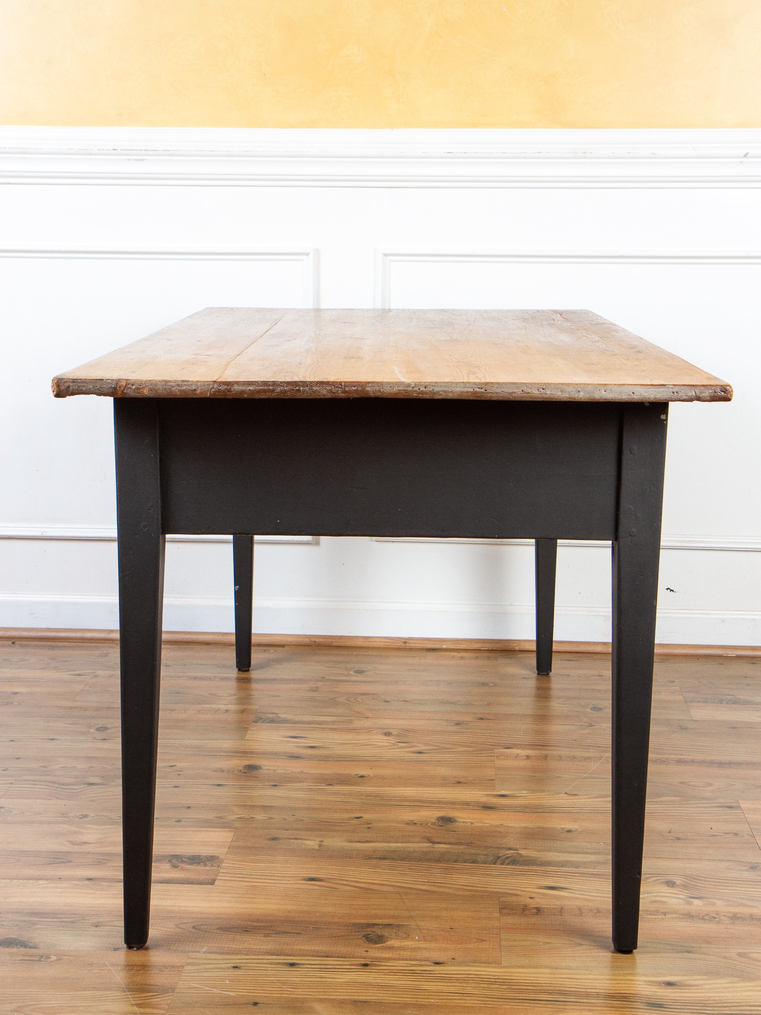 Antique Rustic Pine Dining or Work Table With Black Painted Base.