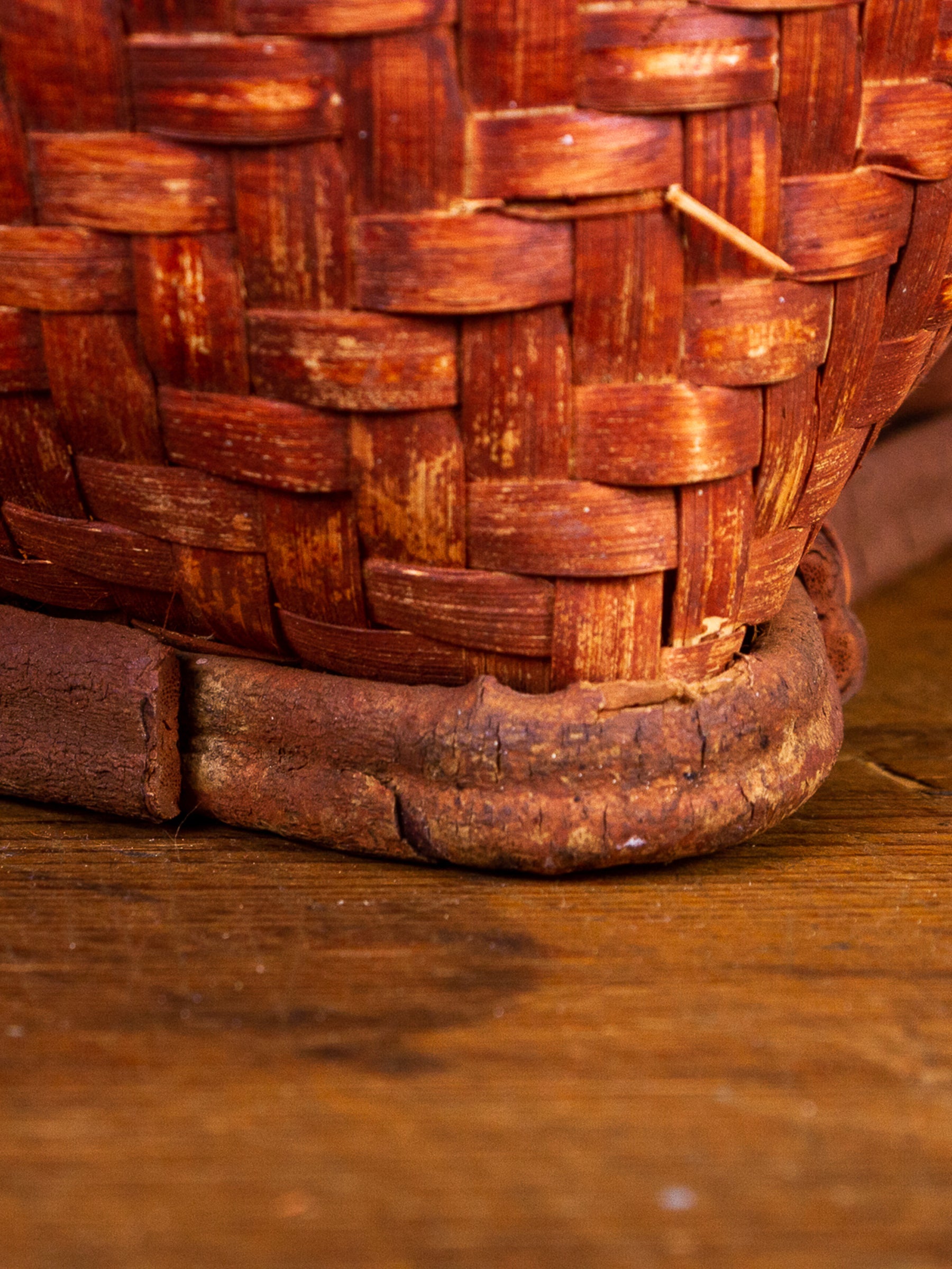 Rare Vintage Asian Large Splint Wood Hand-Woven Bamboo Orange Stained Gathering Basket.