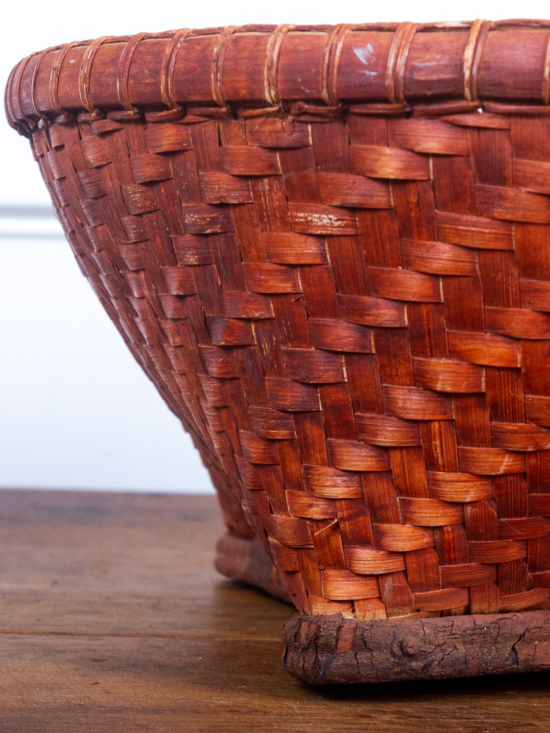 Rare Vintage Asian Large Splint Wood Hand-Woven Bamboo Orange Stained Gathering Basket.