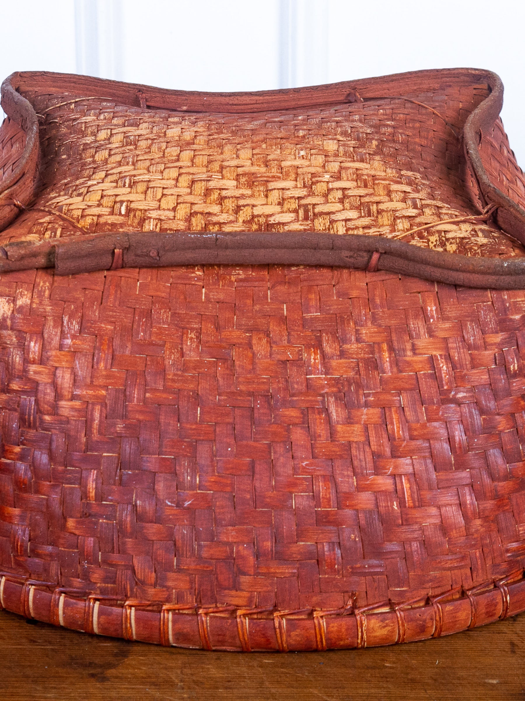 Rare Vintage Asian Large Splint Wood Hand-Woven Bamboo Orange Stained Gathering Basket.