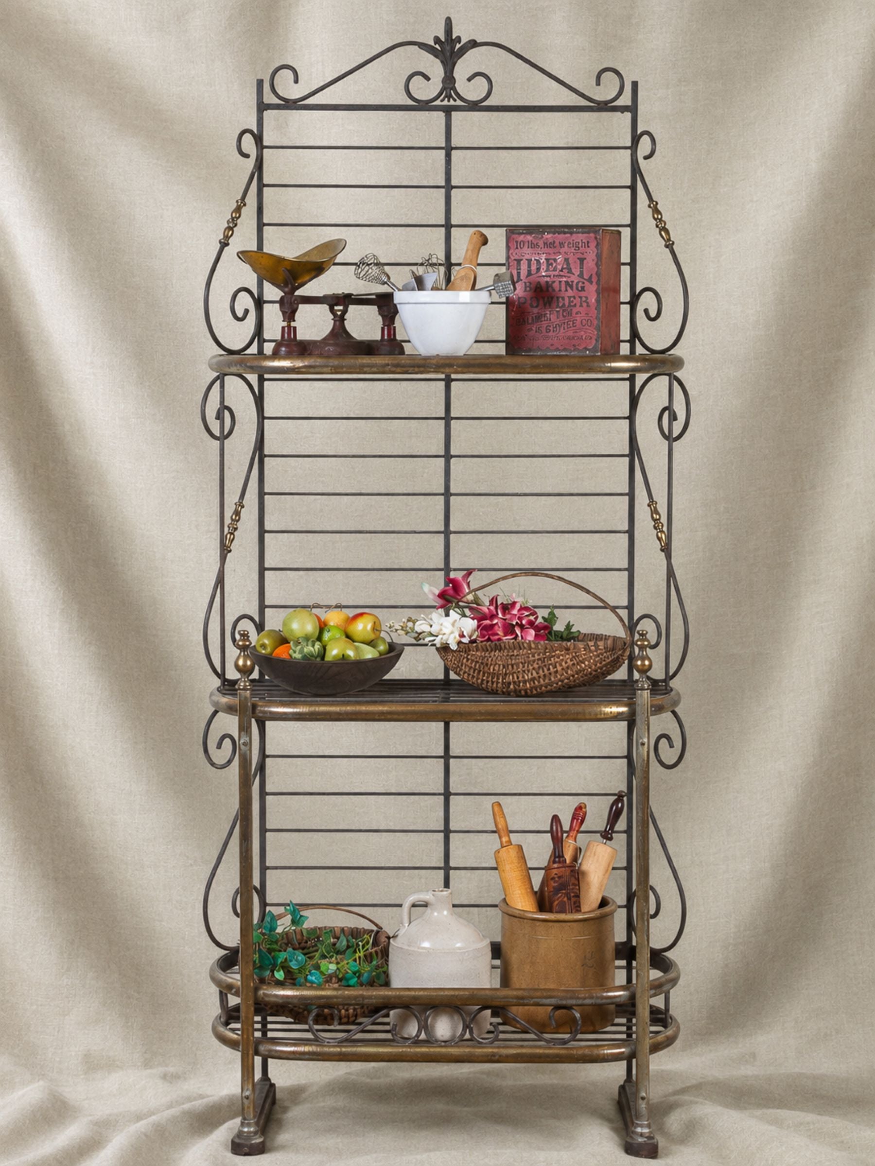 Antique French Iron and Brass Etagere Bakers Rack, Made in Paris, France.