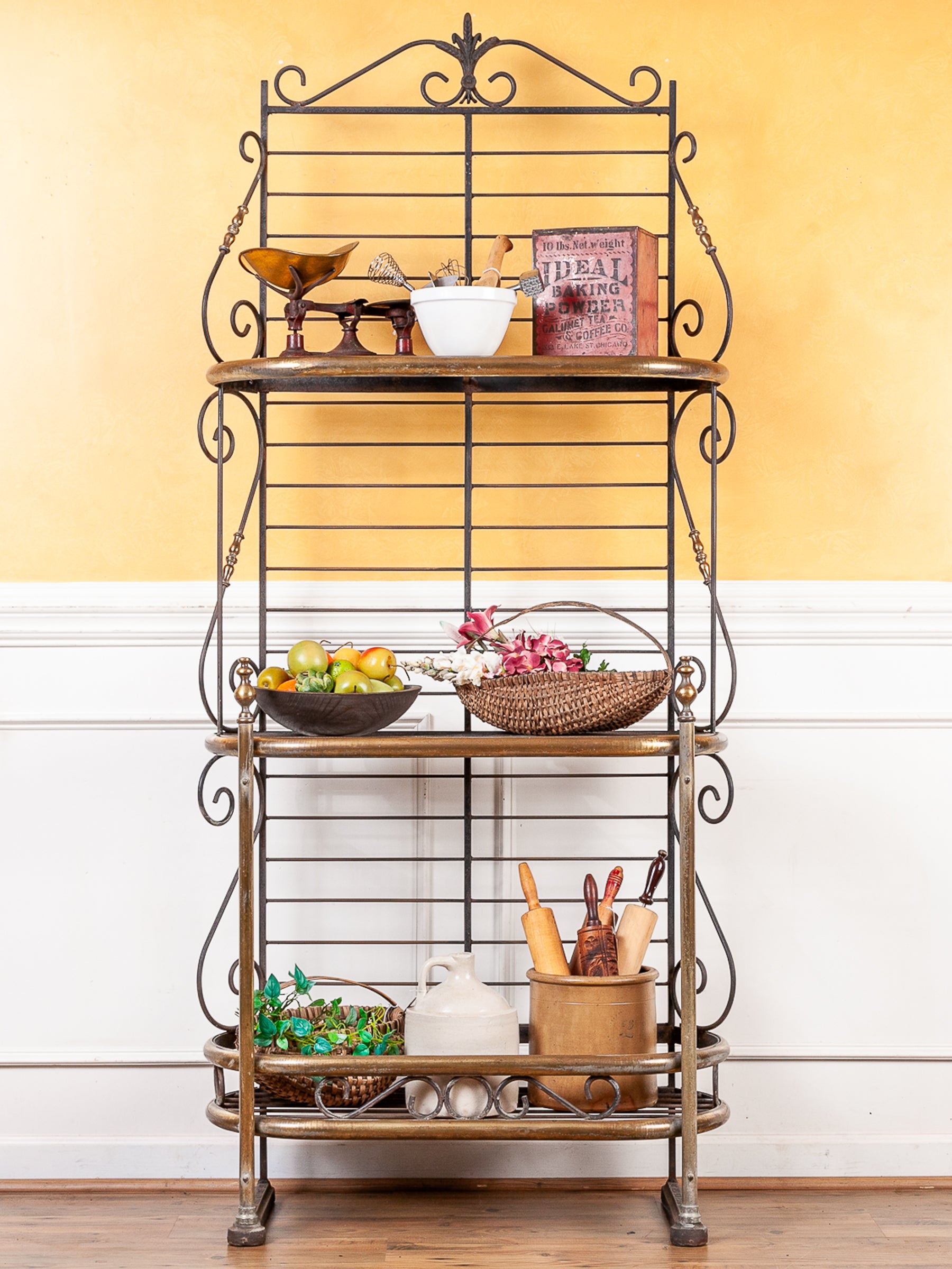 Antique French Iron and Brass Etagere Bakers Rack, Made in Paris, France.