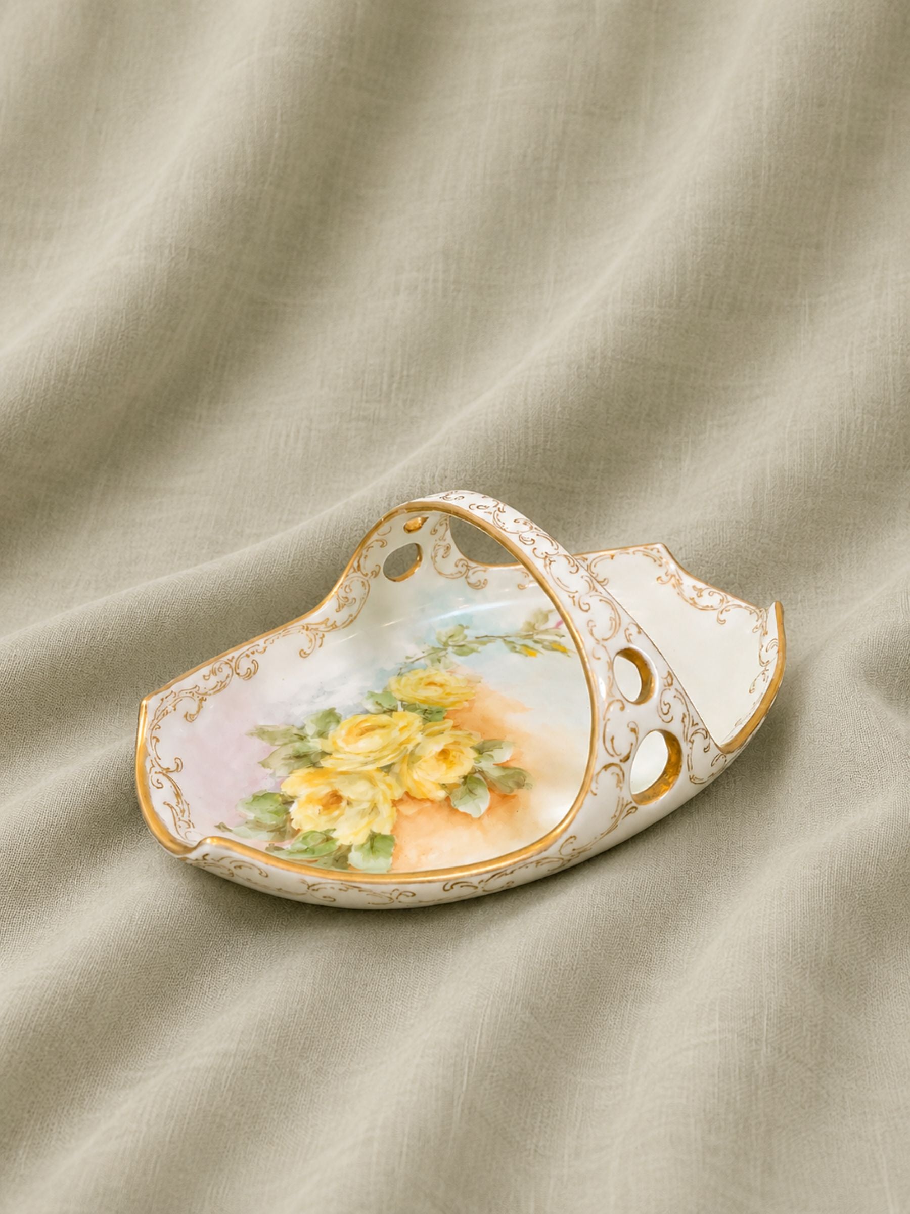 Vintage Hand Painted Porcelain Dish Basket, Artist Signed Emma Beguhn C.1930.