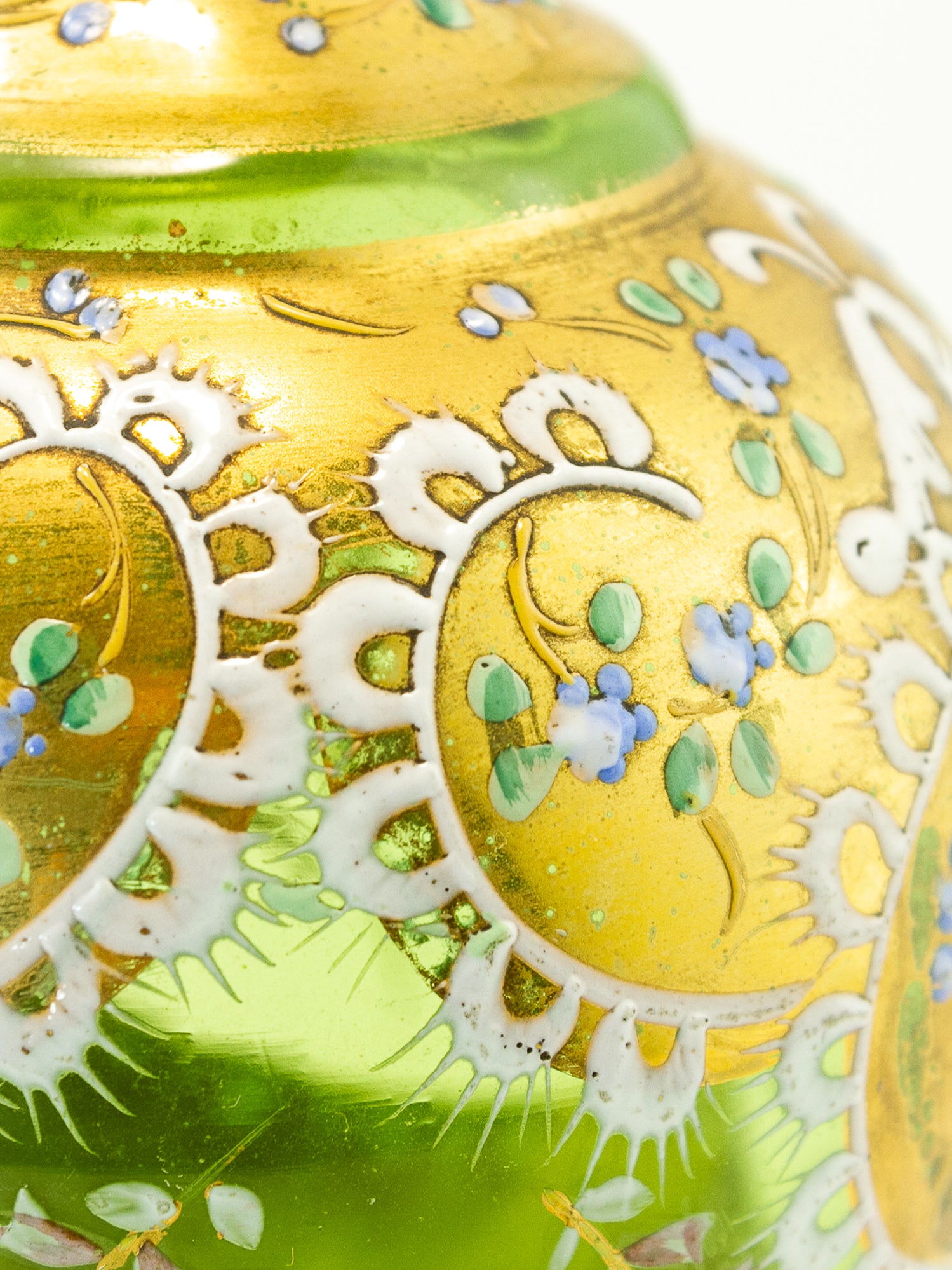 Pair of Bohemian Green Glass Vases with Gilt & Enameled Floral Decoration