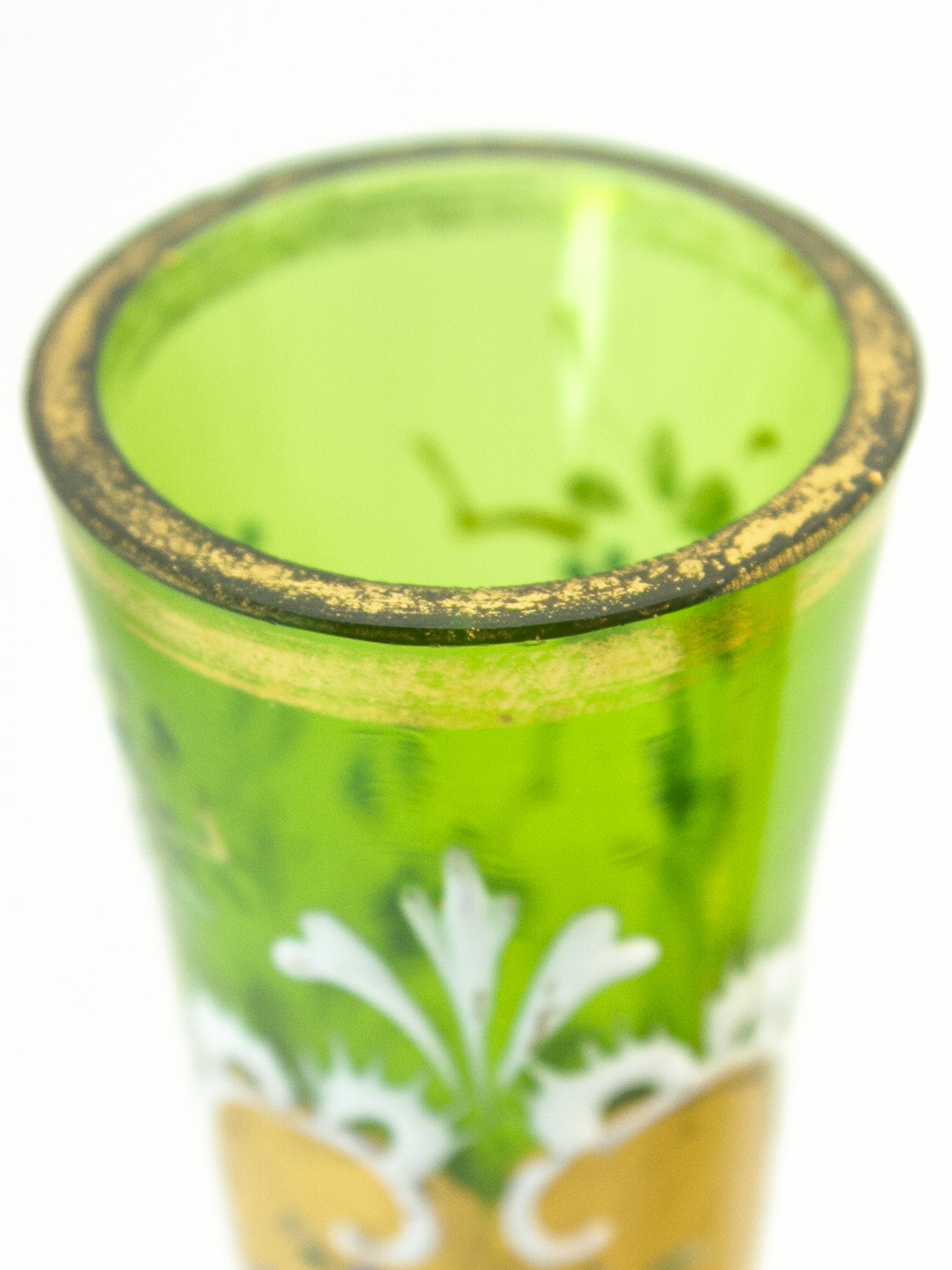 Pair of Bohemian Green Glass Vases with Gilt & Enameled Floral Decoration