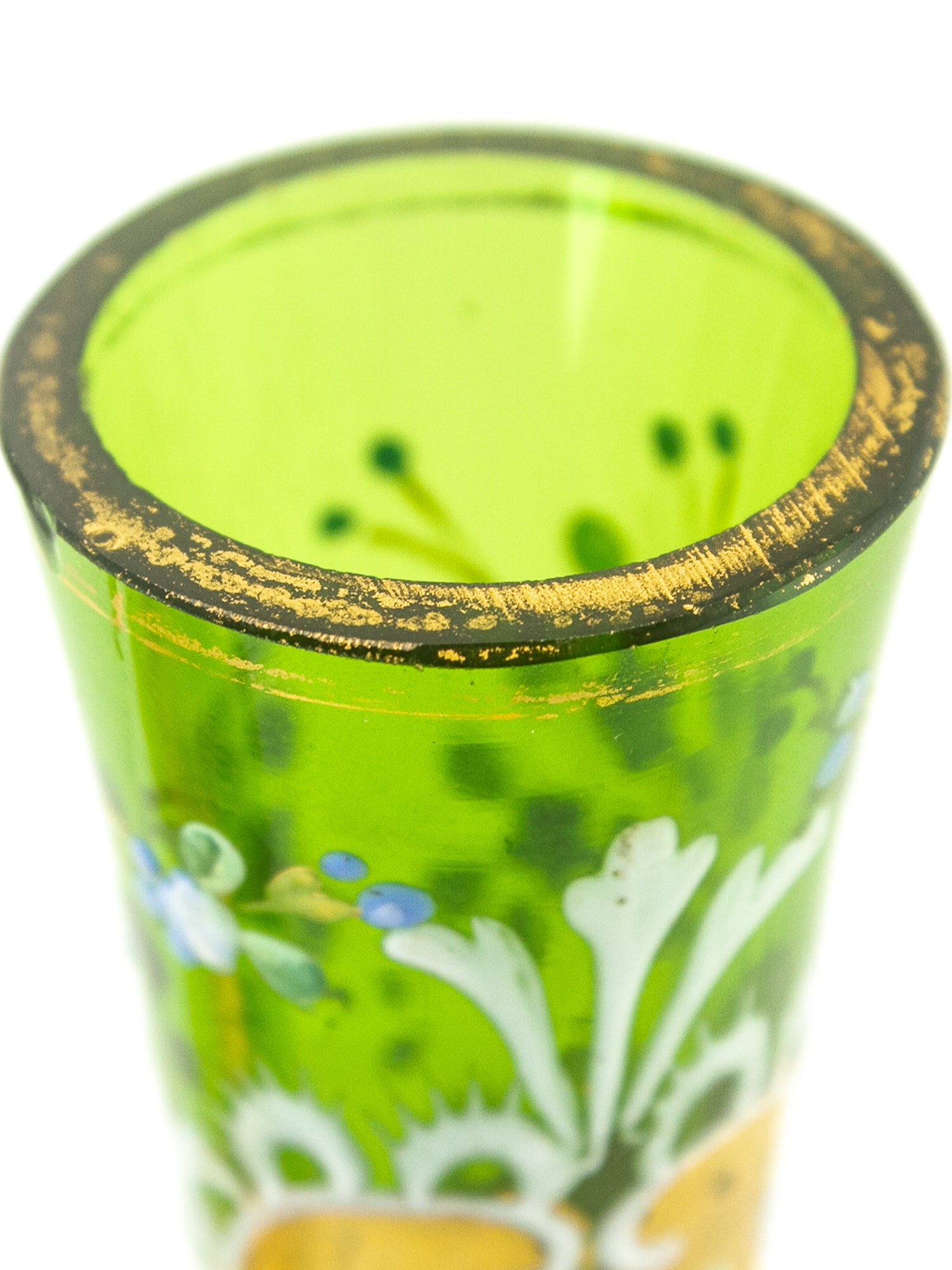 Pair of Bohemian Green Glass Vases with Gilt & Enameled Floral Decoration