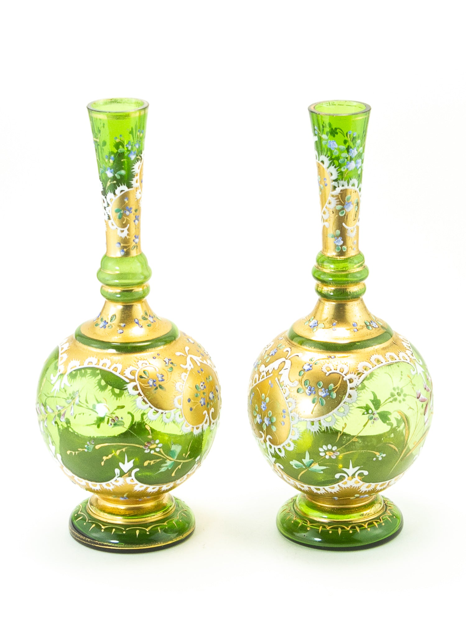 Pair of Bohemian Green Glass Vases with Gilt & Enameled Floral Decoration
