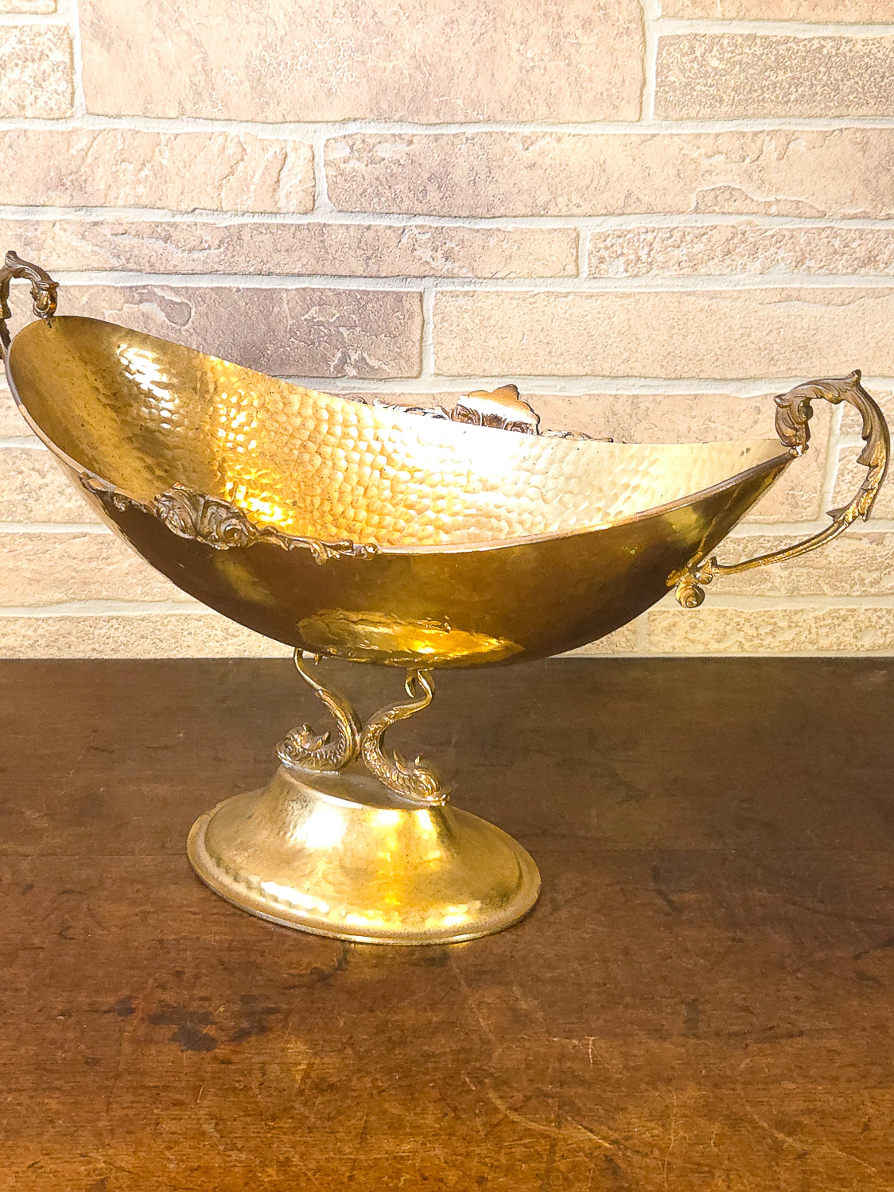 Large Vintage Hammered Brass Center Bowl with Koi Fish Pedestal, Made in Italy