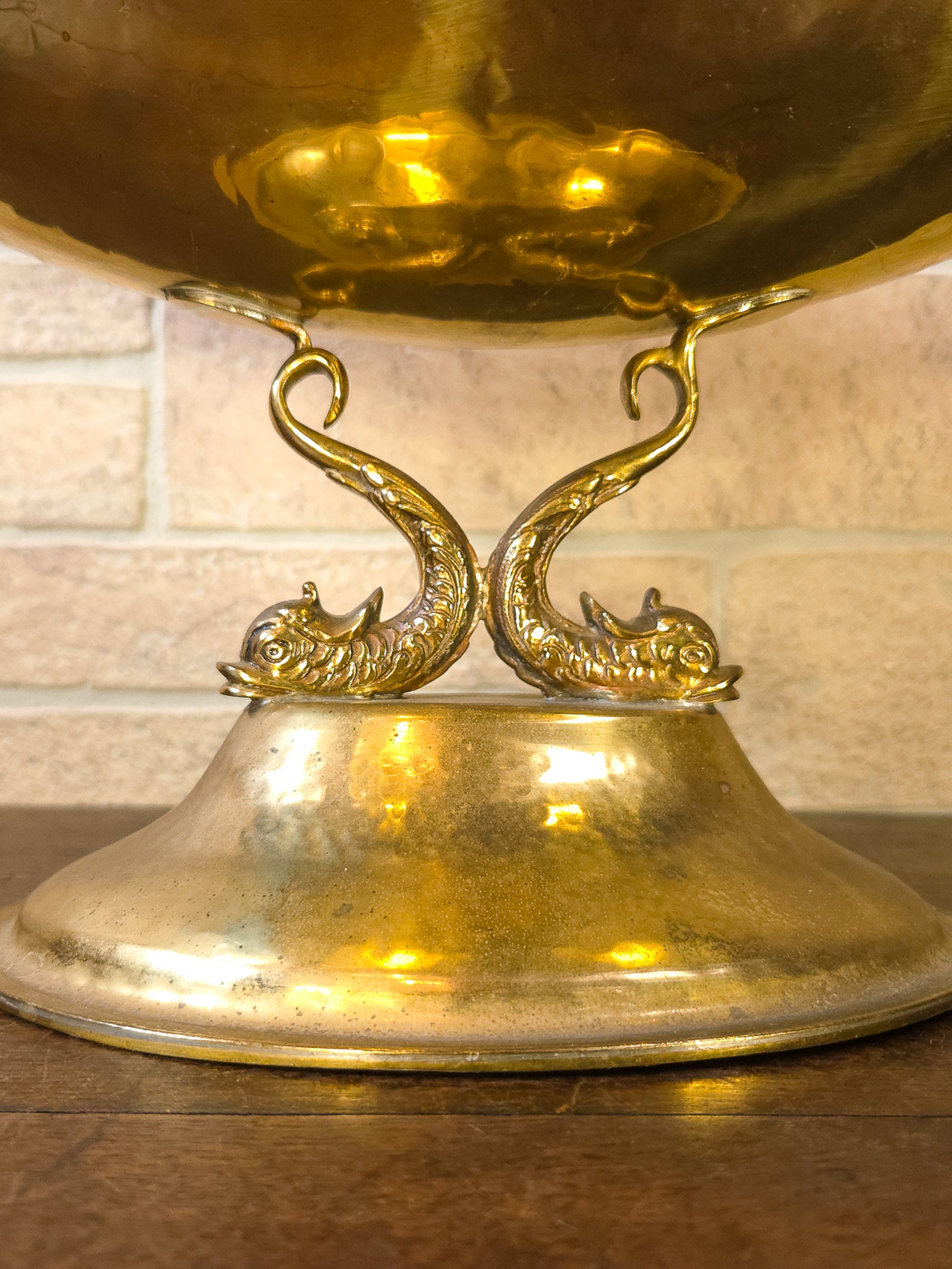 Large Vintage Hammered Brass Center Bowl with Koi Fish Pedestal, Made in Italy