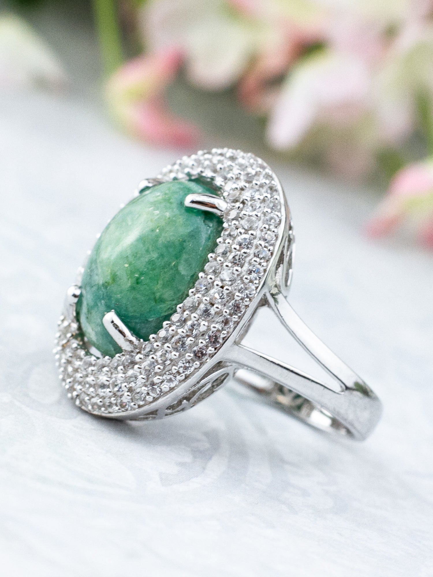 Orianne Emerald & White Sapphire Cocktail Ring in Platinum Over Sterling Silver