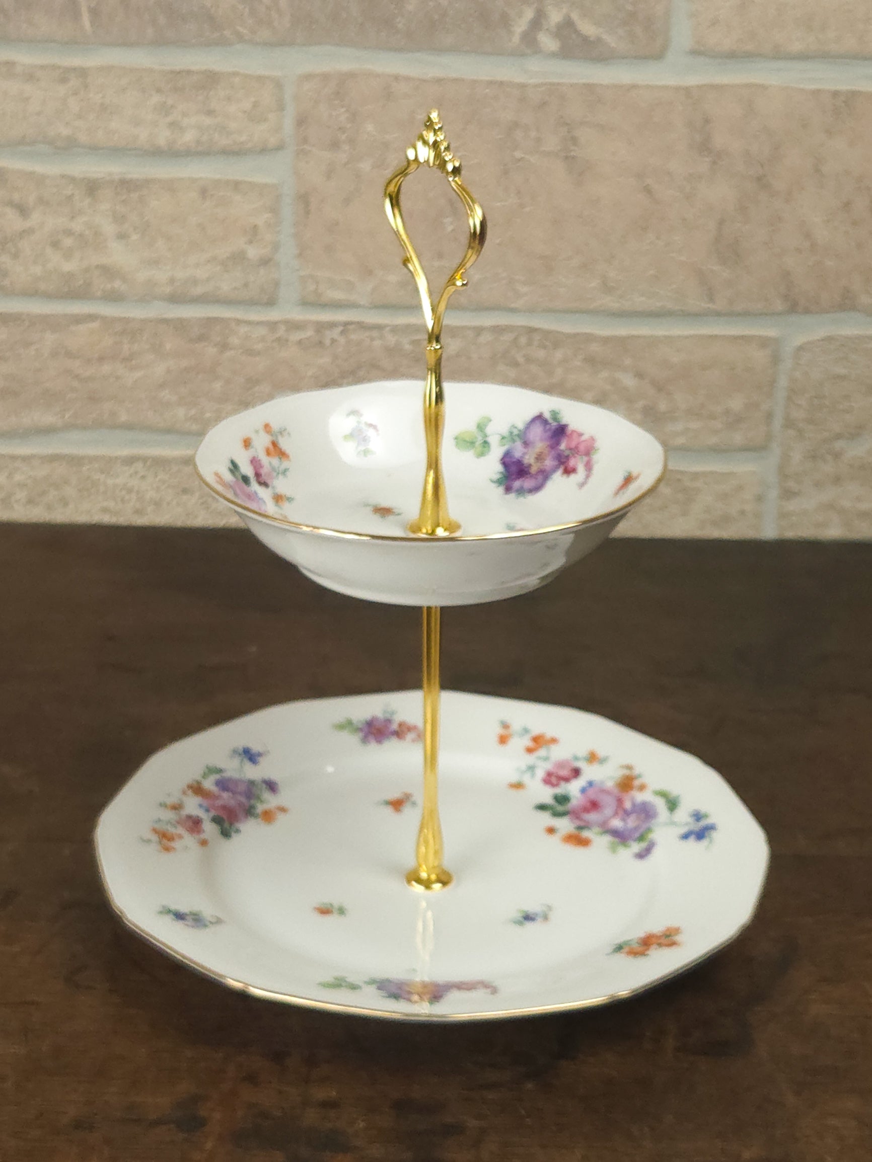 Czechoslovakian Two-Tier Cake Stand with Gold Crown Handle