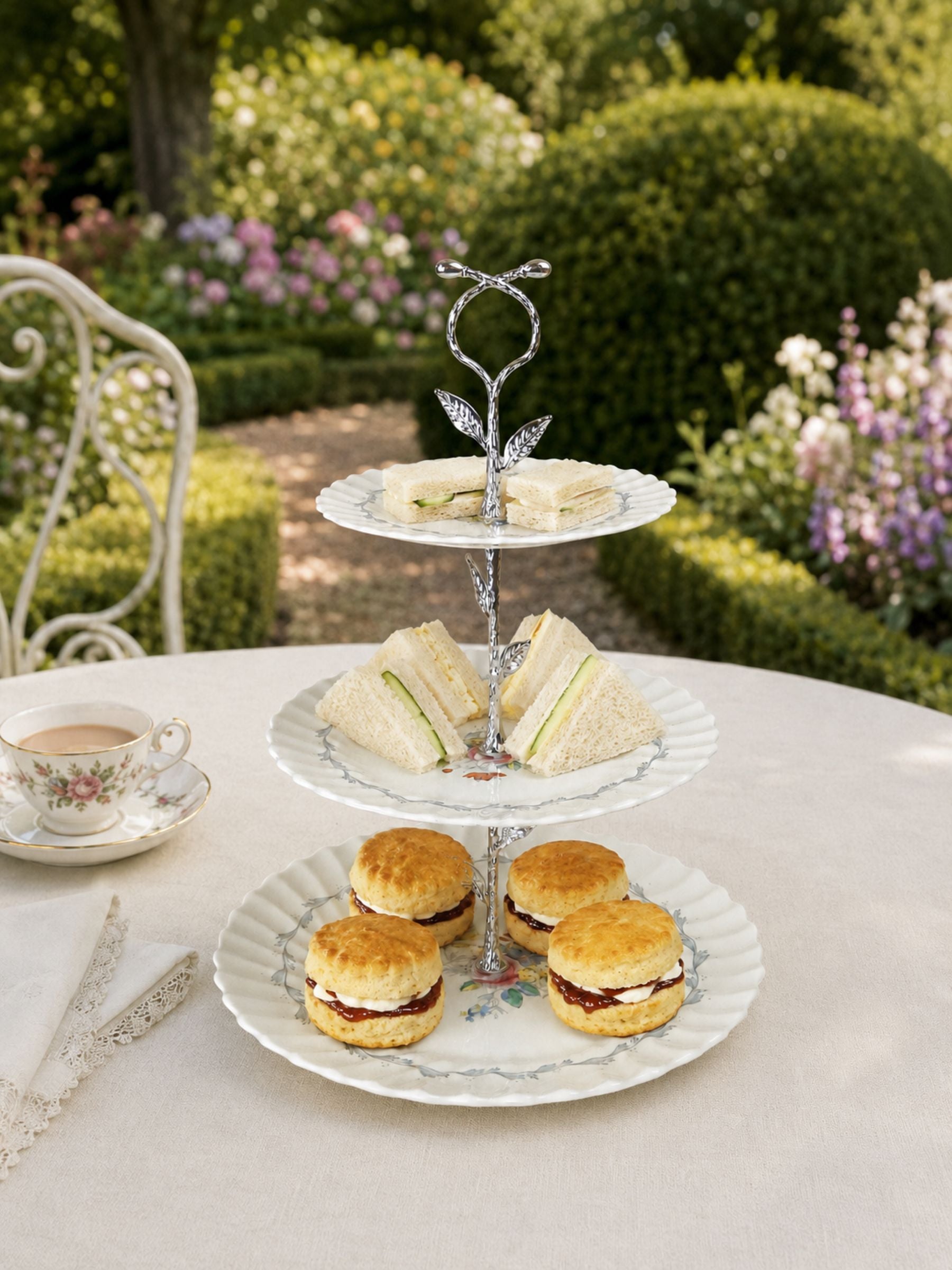 Royal Doulton Chelsea Rose Three-Tier Cake Stand with Silver Leaf Handle
