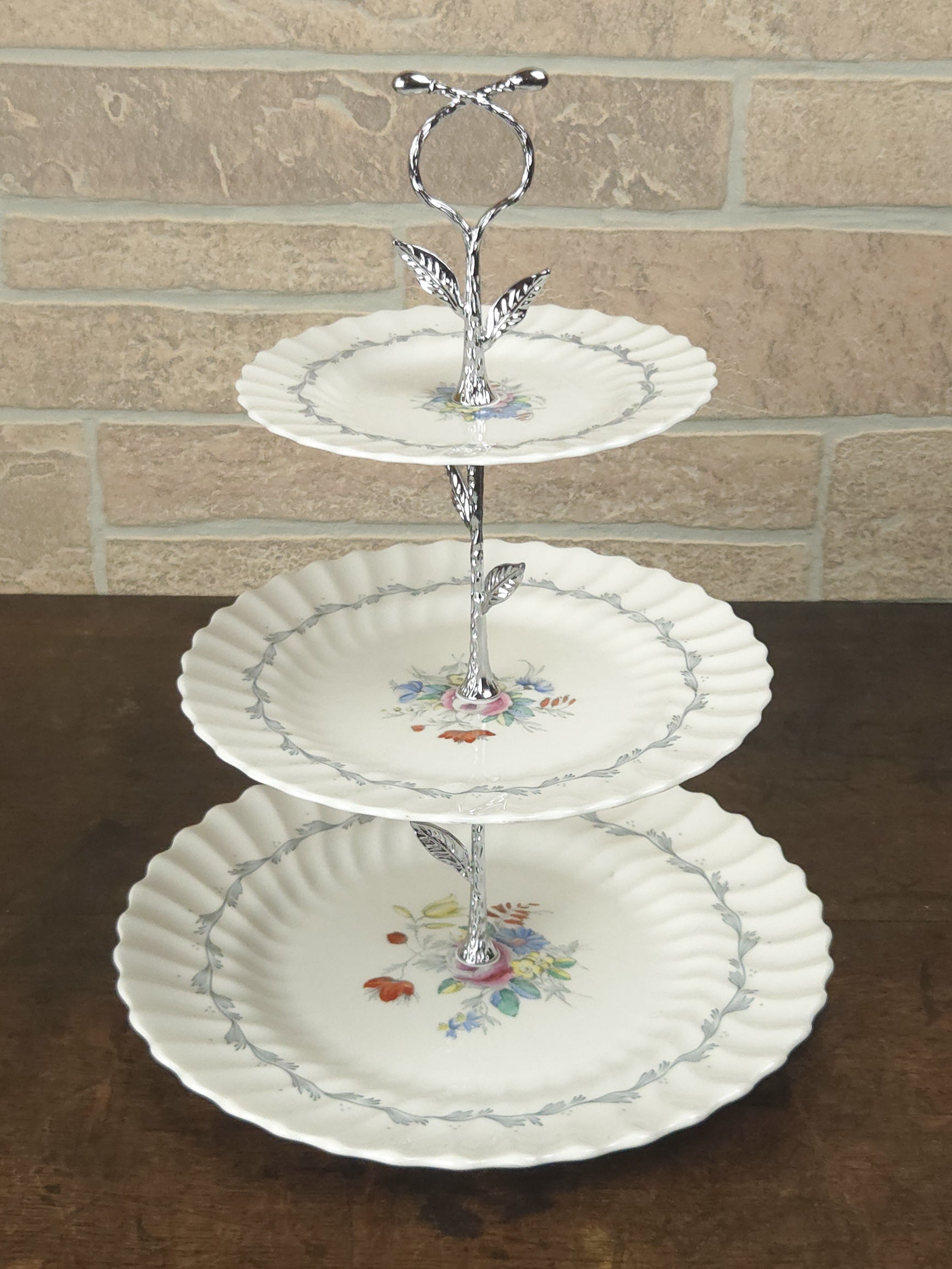 Royal Doulton Chelsea Rose Three-Tier Cake Stand with Silver Leaf Handle