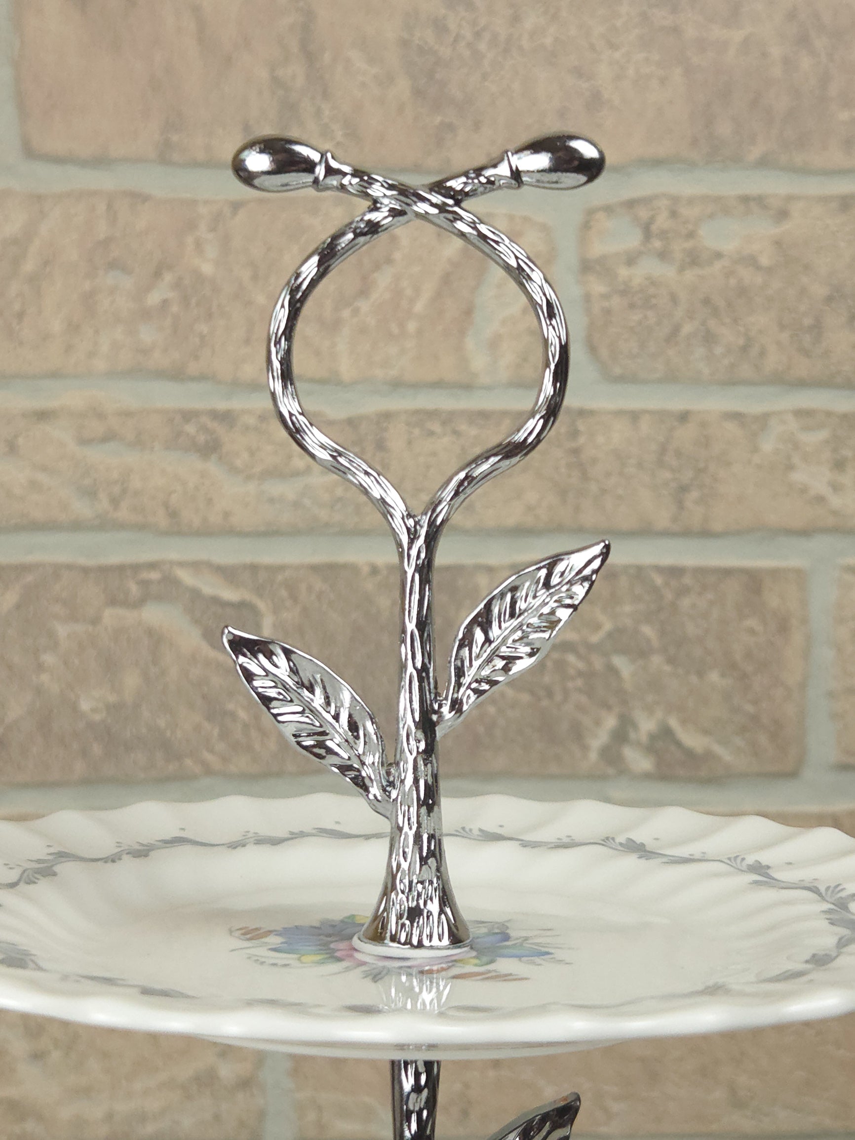 Royal Doulton Chelsea Rose Three-Tier Cake Stand with Silver Leaf Handle