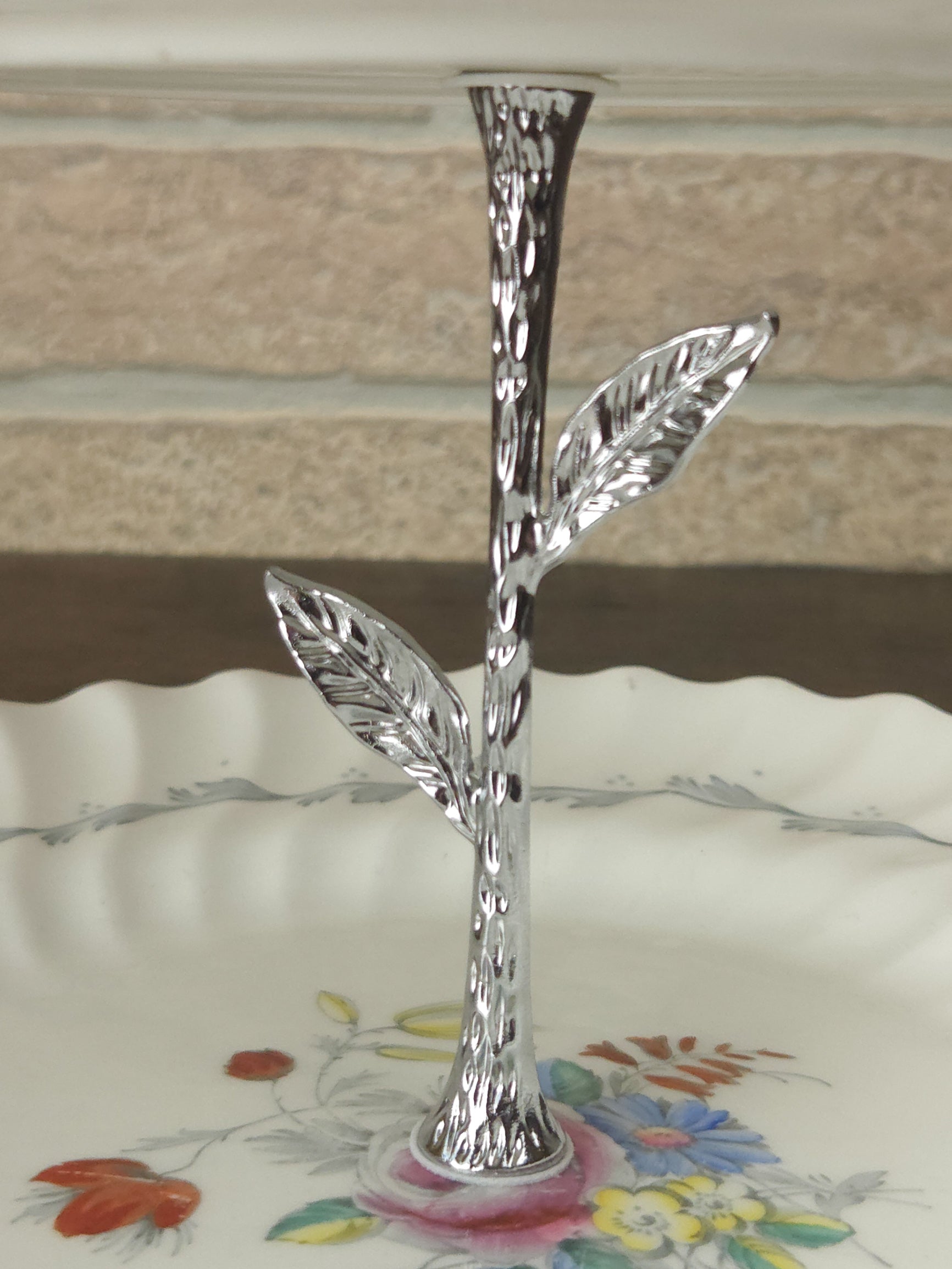 Royal Doulton Chelsea Rose Three-Tier Cake Stand with Silver Leaf Handle