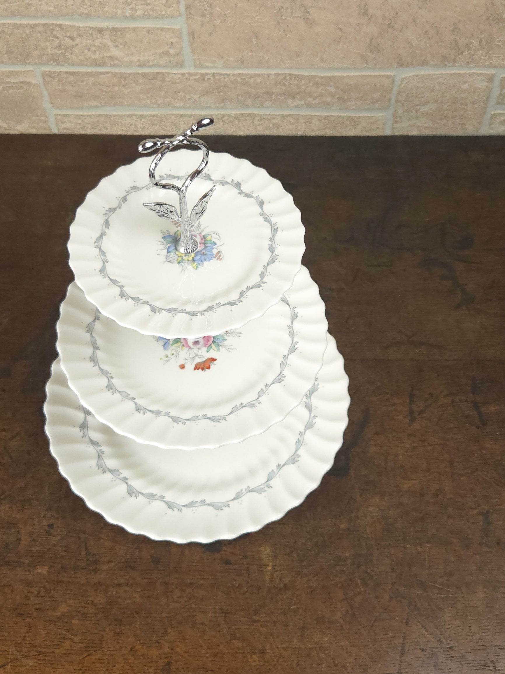 Royal Doulton Chelsea Rose Three-Tier Cake Stand with Silver Leaf Handle