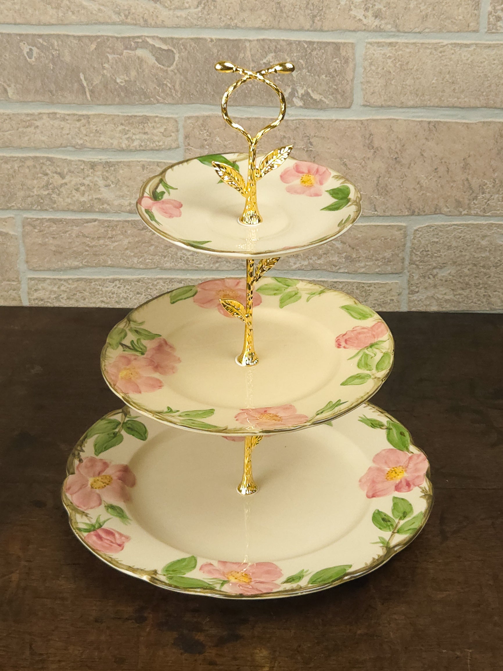 Franciscan Rose Three-Tier Cake Stand with Gold Scroll Handle