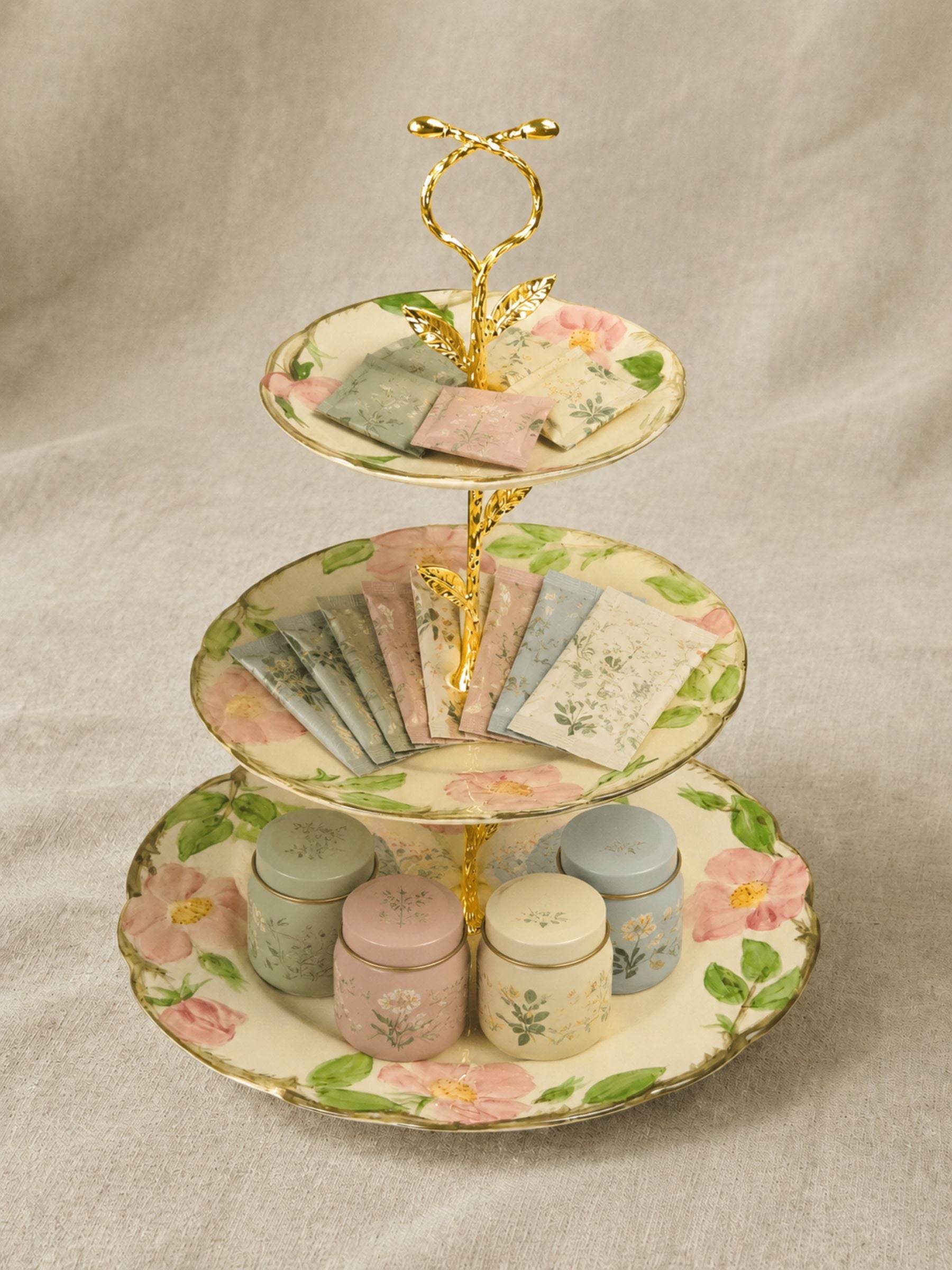 Franciscan Rose Three-Tier Cake Stand with Gold Scroll Handle