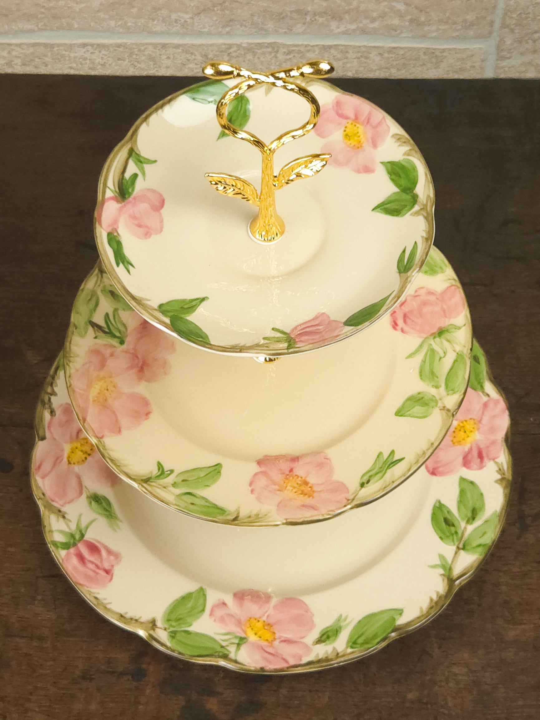 Franciscan Rose Three-Tier Cake Stand with Gold Scroll Handle