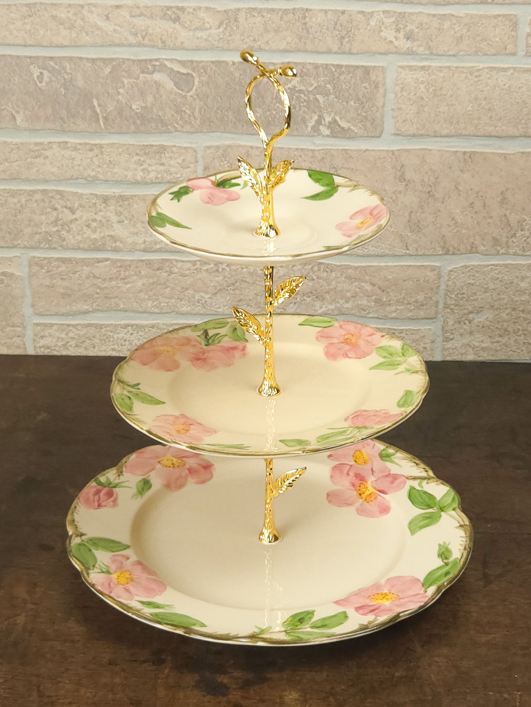 Franciscan Rose Three-Tier Cake Stand with Gold Scroll Handle