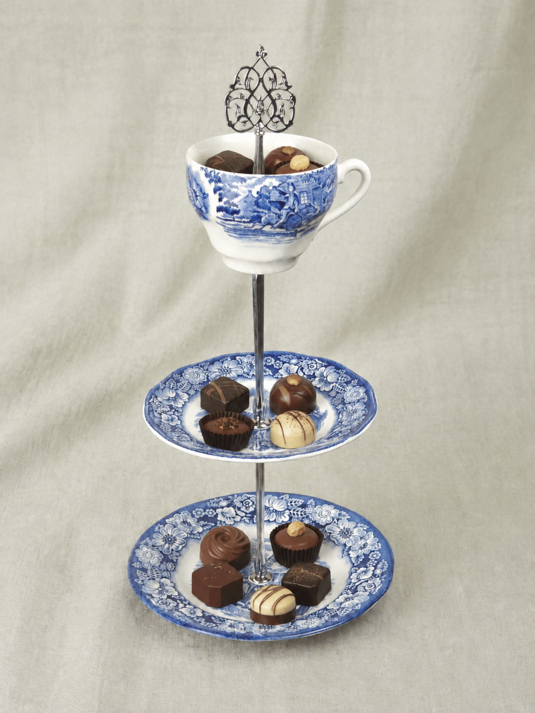 English Liberty Blue Three-Tier Teacup Cake Stand with Silver Filigree Handle