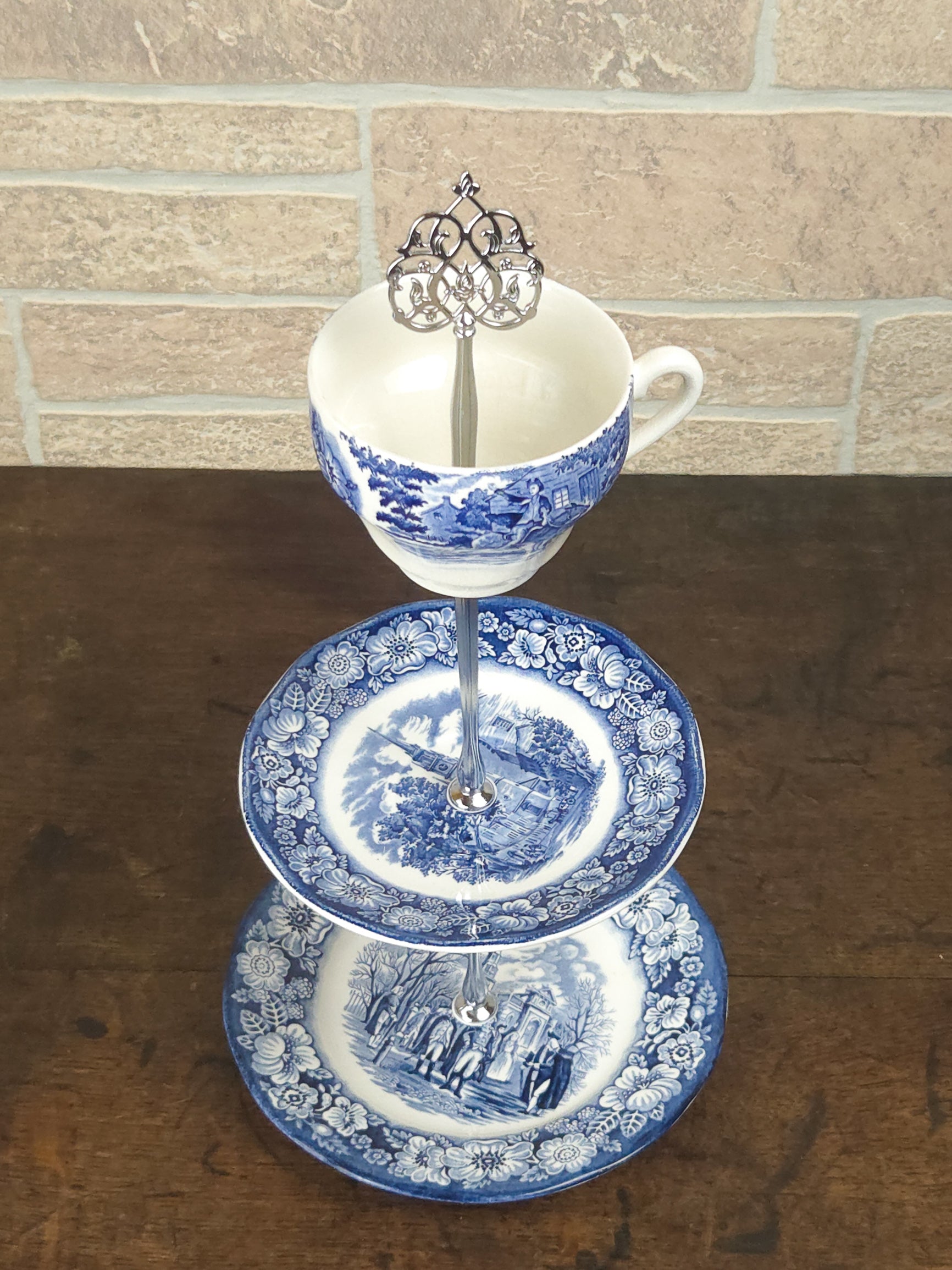 English Liberty Blue Three-Tier Teacup Cake Stand with Silver Filigree Handle